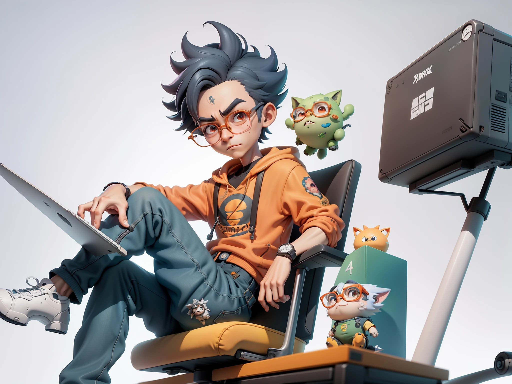 A young man with glasses sits at his desk，holding laptop，digitial painting，3D character design by Mark Clairen and Pixar and Hayao Miyazaki and Akira Toriyama，4K HD illustration，Very detailed facial features and cartoon-style visuals。