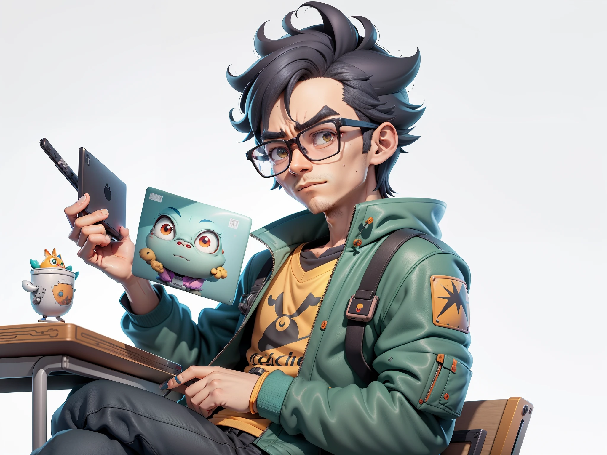 A young man with glasses sits at his desk,holding laptop,digitial painting,3D character design by Mark Clairen and Pixar and Hayao Miyazaki and Akira Toriyama,4K HD illustration,Very detailed facial features and cartoon-style visuals。
