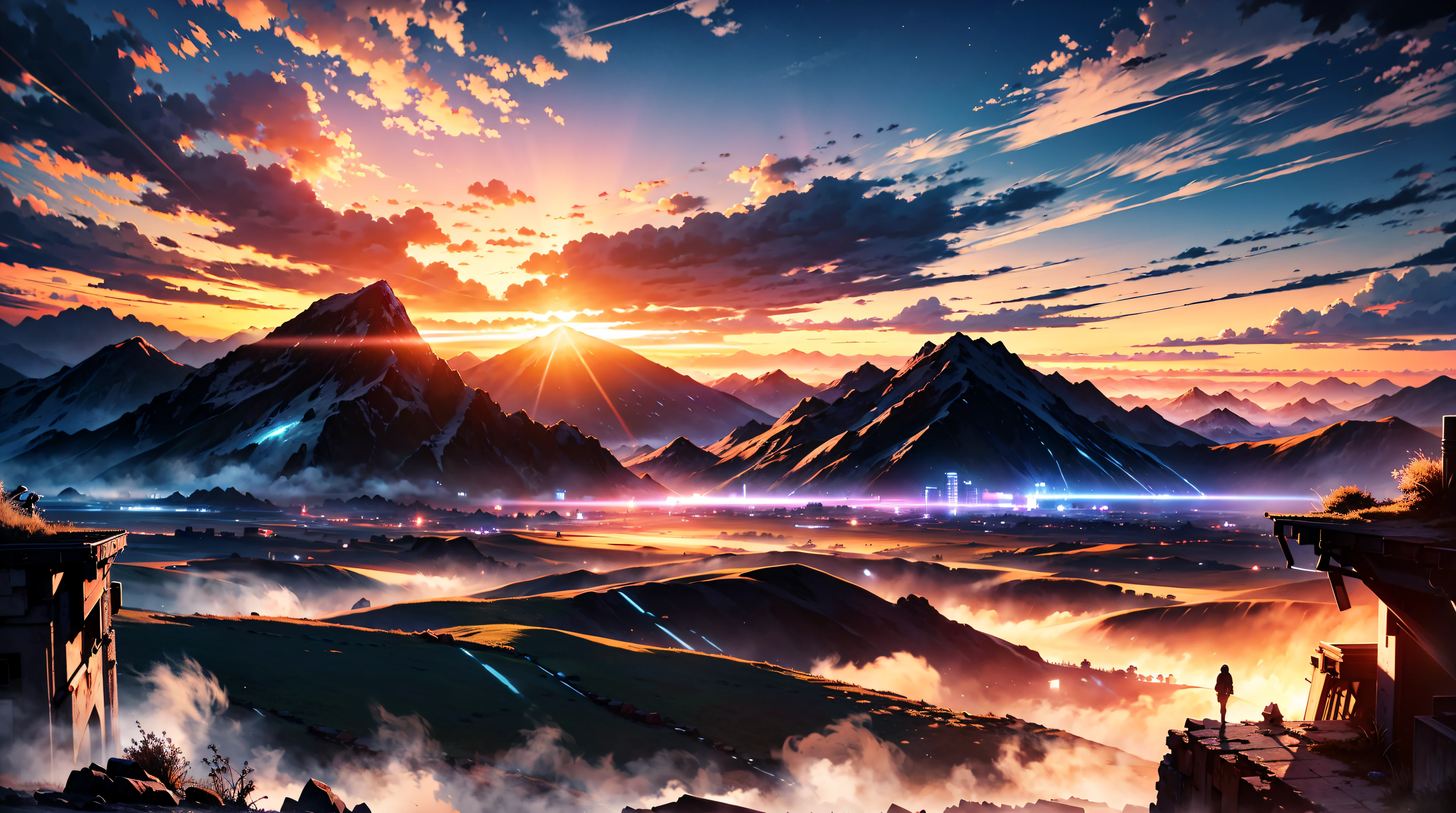 Produce a stunning 8K wallpaper showcasing a vast, captivating battlefield landscape. Picture a panorama of rugged terrain, scarred by the echoes of conflict, illuminated by a dramatic sky painted with hues of sunset.