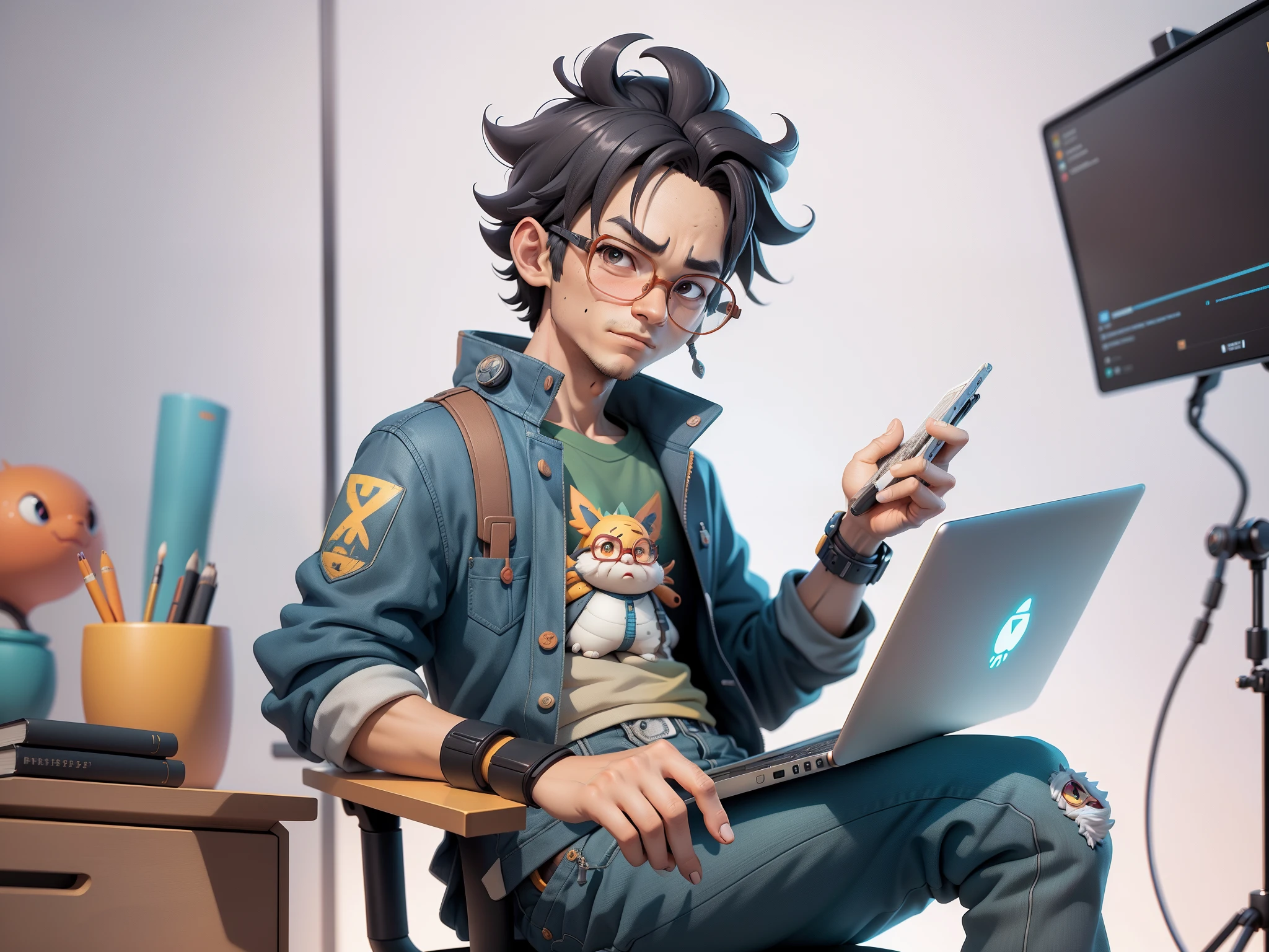 A young man with glasses sits at his desk,holding laptop,digitial painting,3D character design by Mark Clairen and Pixar and Hayao Miyazaki and Akira Toriyama,4K HD illustration,Very detailed facial features and cartoon-style visuals。
