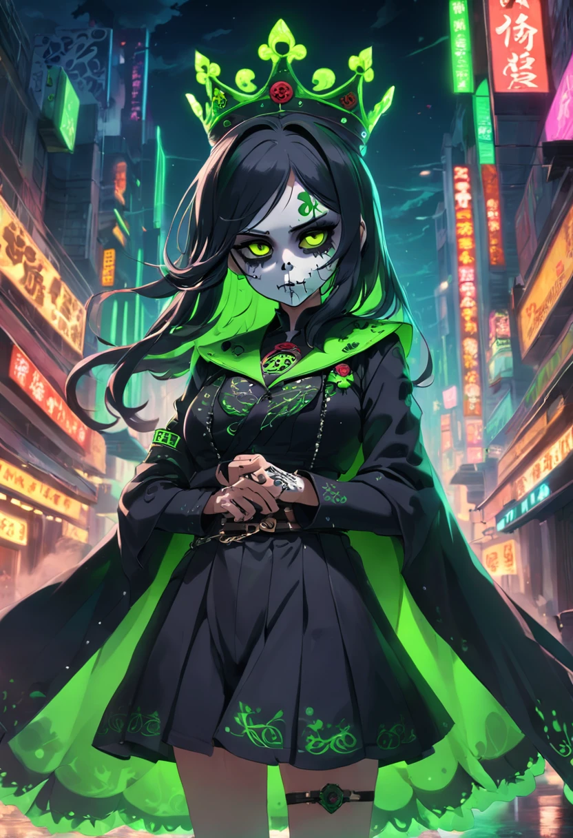 Uma caveira,olhando para o lado,His eyes are neon green and he wears a king's outfit