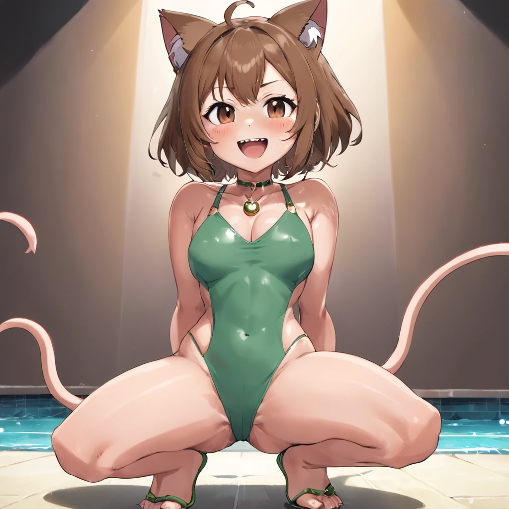 indoors, 1girl, breasts, smile, short hair, open mouth, bangs, large breasts, simple background, brown hair, 1boy, animal ears, cleavage, brown eyes, jewelry, tail, swimsuit, hetero, earrings, , solo focus, cat ears, dark skin, blunt bangs, necklace, high heels, cat tail, one-piece swimsuit, uncensored, fangs, blush stickers, erection, testicles, bob cut, cat girl, all fours, drooling, furry, veins, furry female, veiny , pink footwear, interspecies, disembodied , pearl necklace,  awe, furry with non-furry, looking at , green one-piece swimsuit