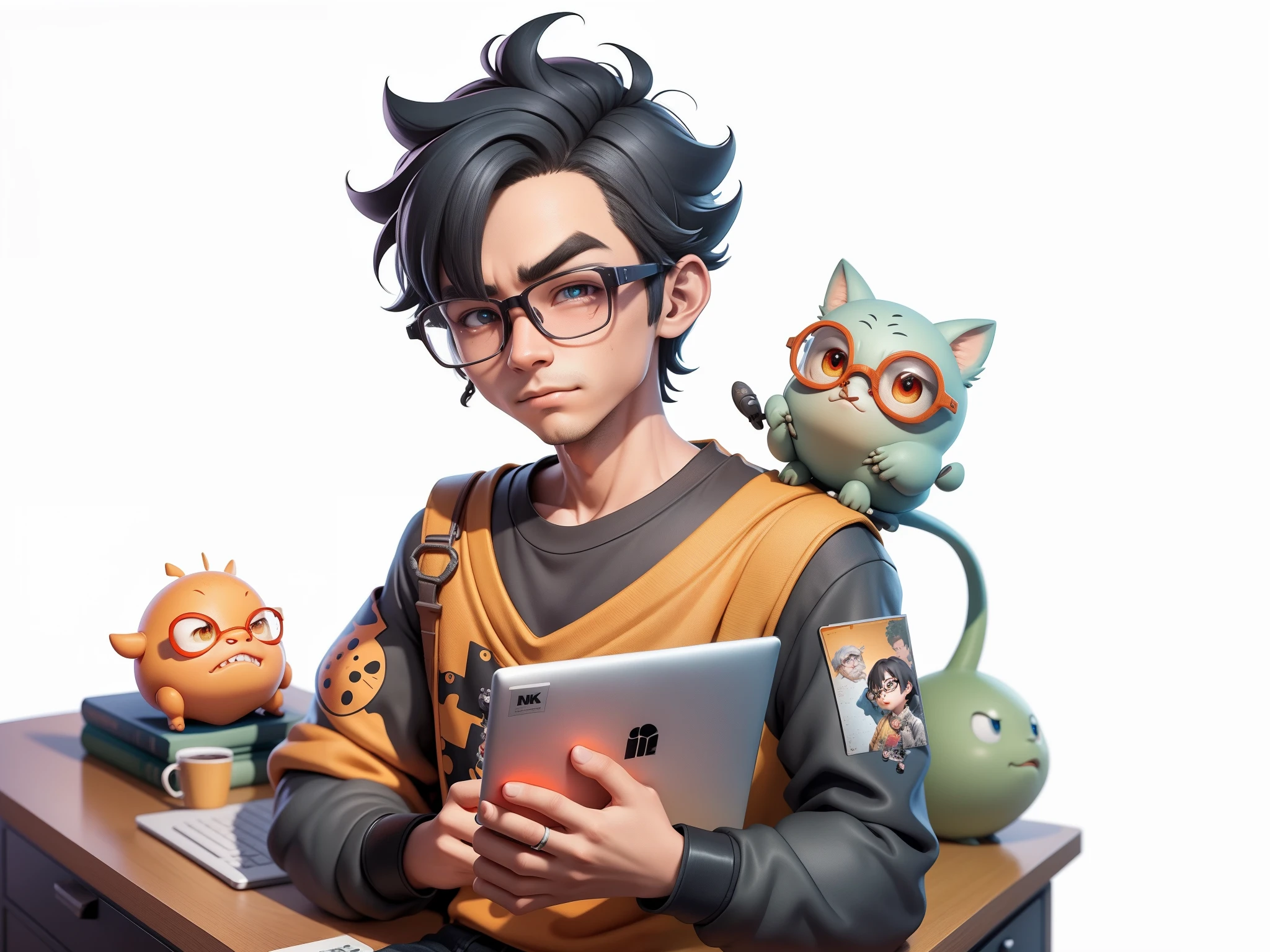 A young man with glasses sits at his desk，holding laptop，digitial painting，3D character design by Mark Clairen and Pixar and Hayao Miyazaki and Akira Toriyama，4K HD illustration，Very detailed facial features and cartoon-style visuals。