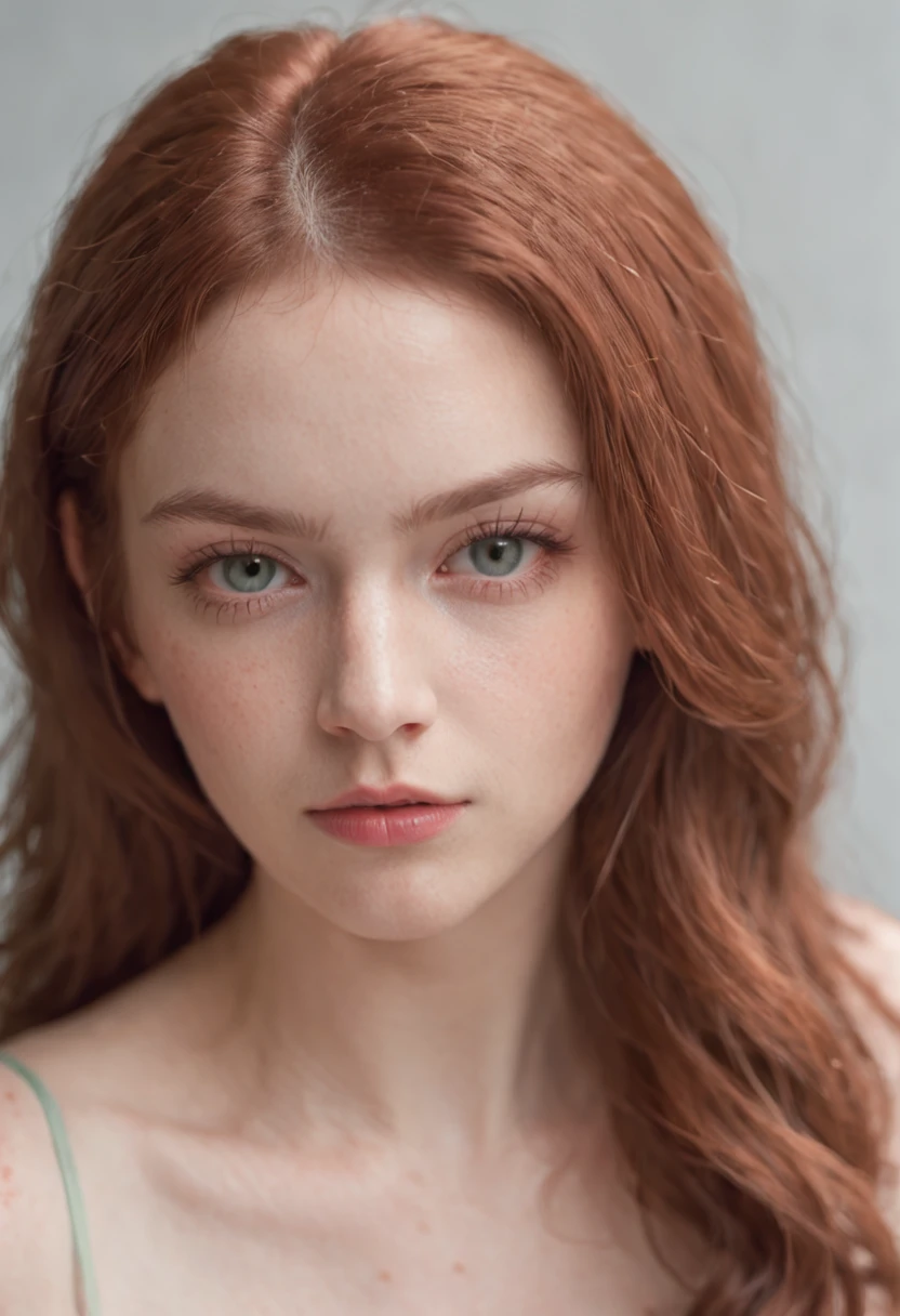 Top quality, (bright lighting), masterpiece, big angle shot, RAW photo, (pale 19-year-old Irishwoman, looking away), cute, sweating visibly, sweaty brow, blush, rosy cheeks, bare skin, standing，green-eyed，embarrassed，red in the face, in a living room, (with natural red matted hair), full body, perfect face, captivating eyes, bright details, pouting lips, (high skin detail), freckles, full breasts, braless, (blue tint: 0.6), Key lighting, (backlight: 0.5), medium depth of field, Canon 5D, 50mm lens, f/4 aperture, (ultra-detailed, complex detail), sharp focus, soft colors, 8k, absurd, 8mm film grain