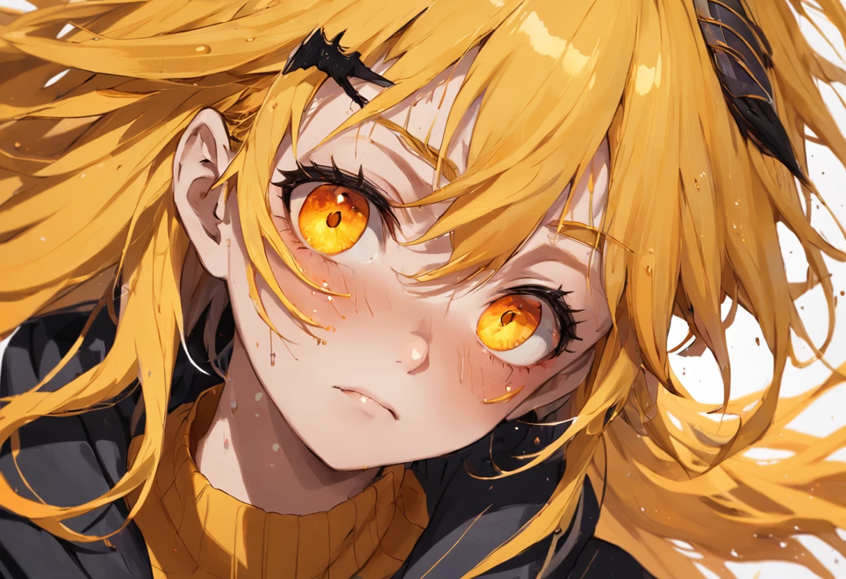Illustration of an excerpt from a book: Uma pele quase branca com toque levemente amarelo. Cabelo encaracolado, preto. A scar sticking out of his forehead, passed through his eyelash and, it went halfway down the cheek. The tear trickled down the scar and faded as it dripped. Todo o redor dos dois se tornou mais escuro, as tochas tiveram as chamas enfraquecidas.