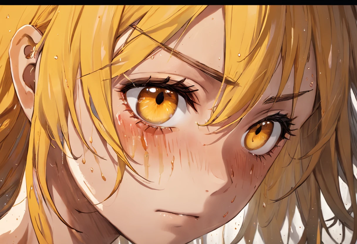 Illustration of an excerpt from a book: Uma pele quase branca com toque levemente amarelo. Cabelo encaracolado, preto. A scar sticking out of his forehead, passed through his eyelash and, it went halfway down the cheek. The tear trickled down the scar and faded as it dripped. Todo o redor dos dois se tornou mais escuro, as tochas tiveram as chamas enfraquecidas.