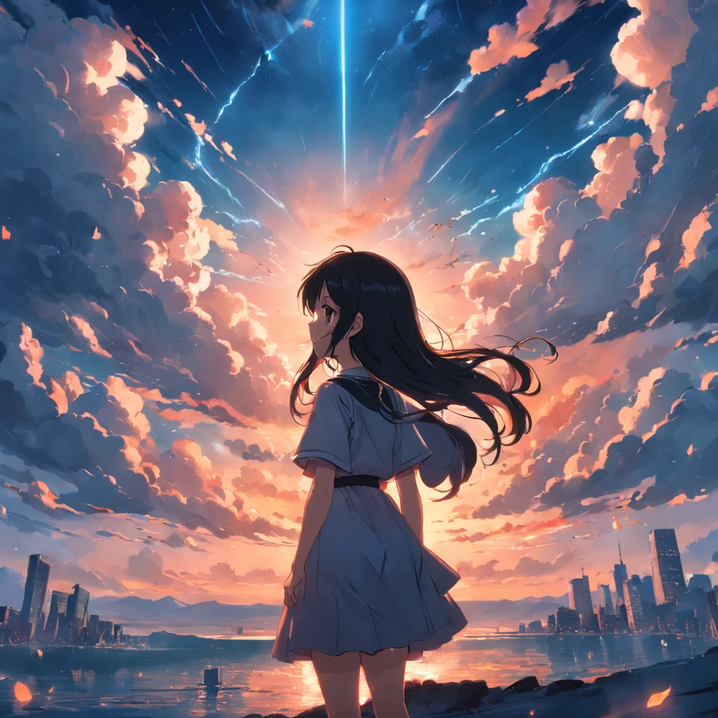 tmasterpiece,best qualtiy,cinematic Film still from,1girl,Cloud Girl,Floating in the sky,(wide shot:1.1),brightly,cheerfulness,Warm and soft lighting,the sunset,(spark of light:0.7)