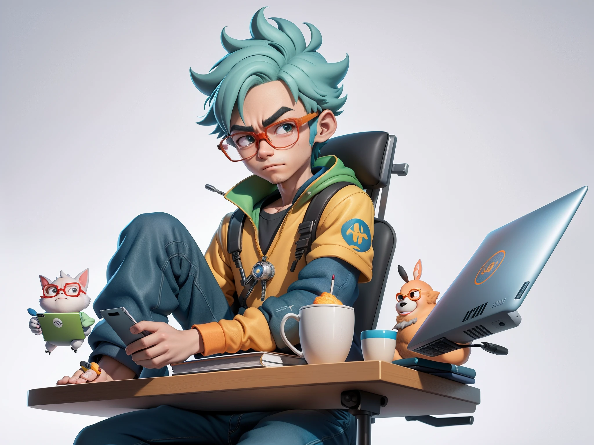 A young man with glasses sits at his desk,holding laptop,digitial painting,3D character design by Mark Clairen and Pixar and Hayao Miyazaki and Akira Toriyama,4K HD illustration,Very detailed facial features and cartoon-style visuals。