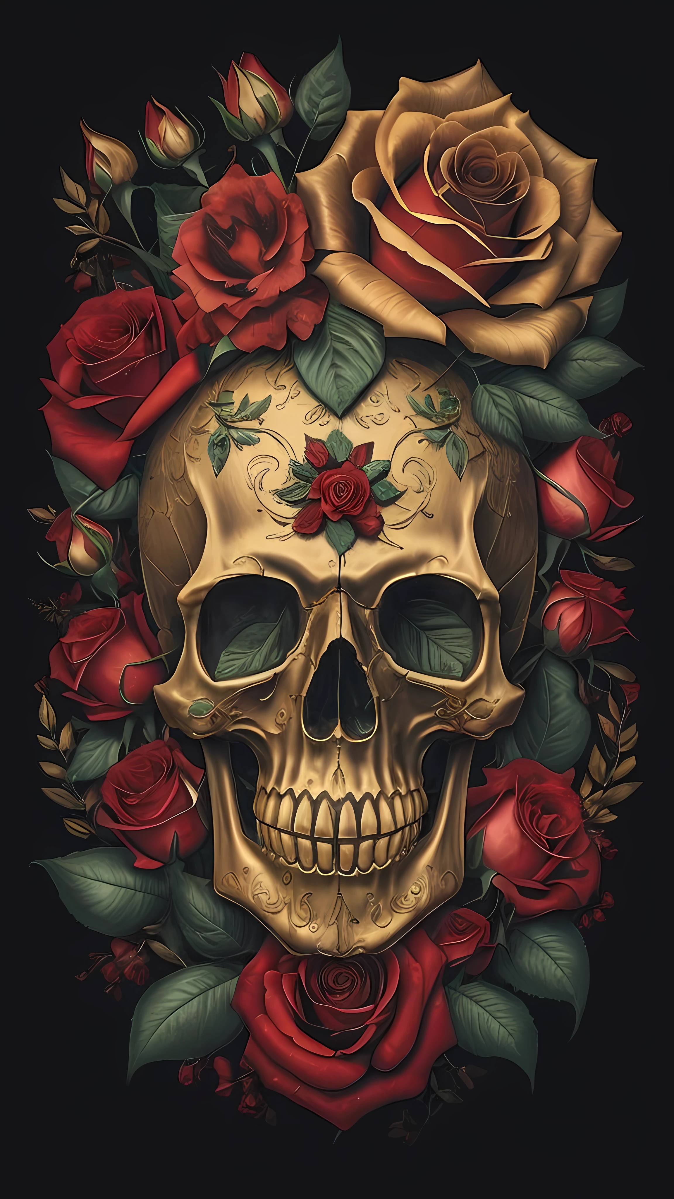 a skull with roses and leaves, 8 k altamente detalhado ❤🔥 🔥 💀 🤖 🚀, skull made of red roses, Realismo super intrincado, 8k highly detailed ❤️‍🔥 🔥 💀 🤖 🚀, arte detalhada assustadora em cores, cores super vivas, sacred skull, skull, Dia de todos os mortos, Ultra - realista e intrincado, with a crown of skulls