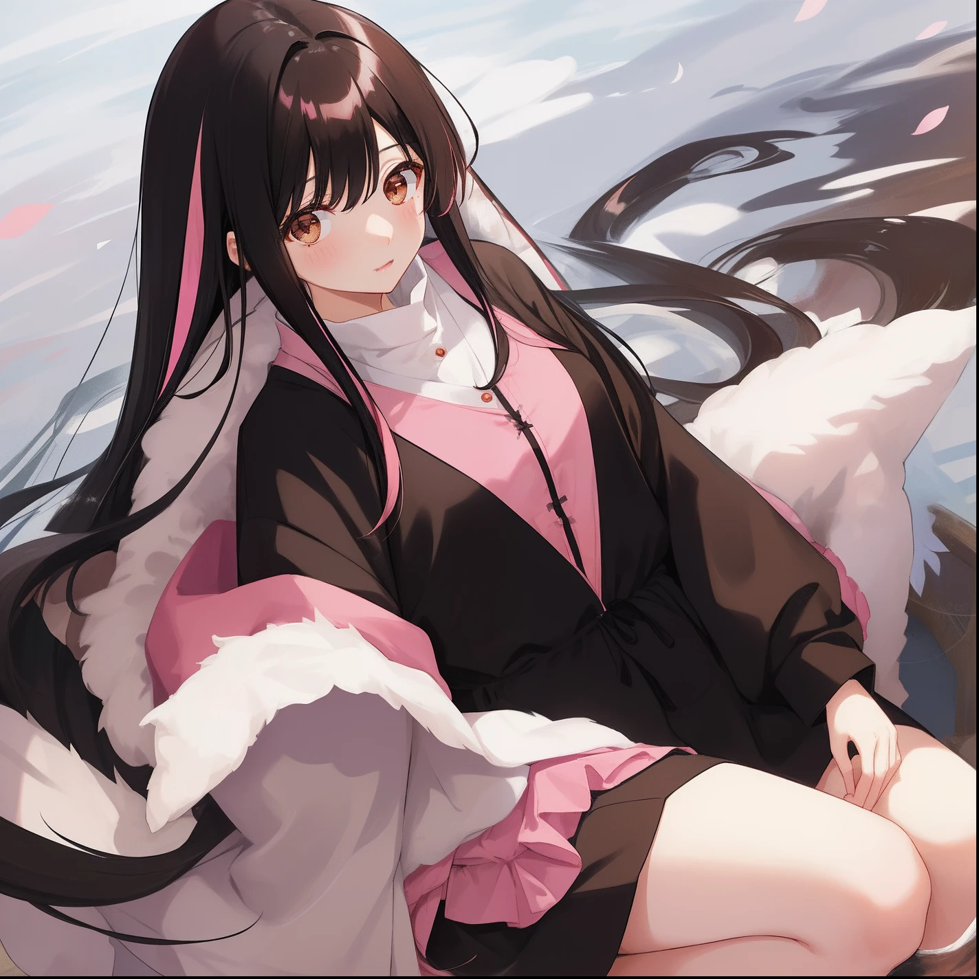 1woman, mature, long black hair with pink highlights, brown eyes, hime style bangs, emo style clothes