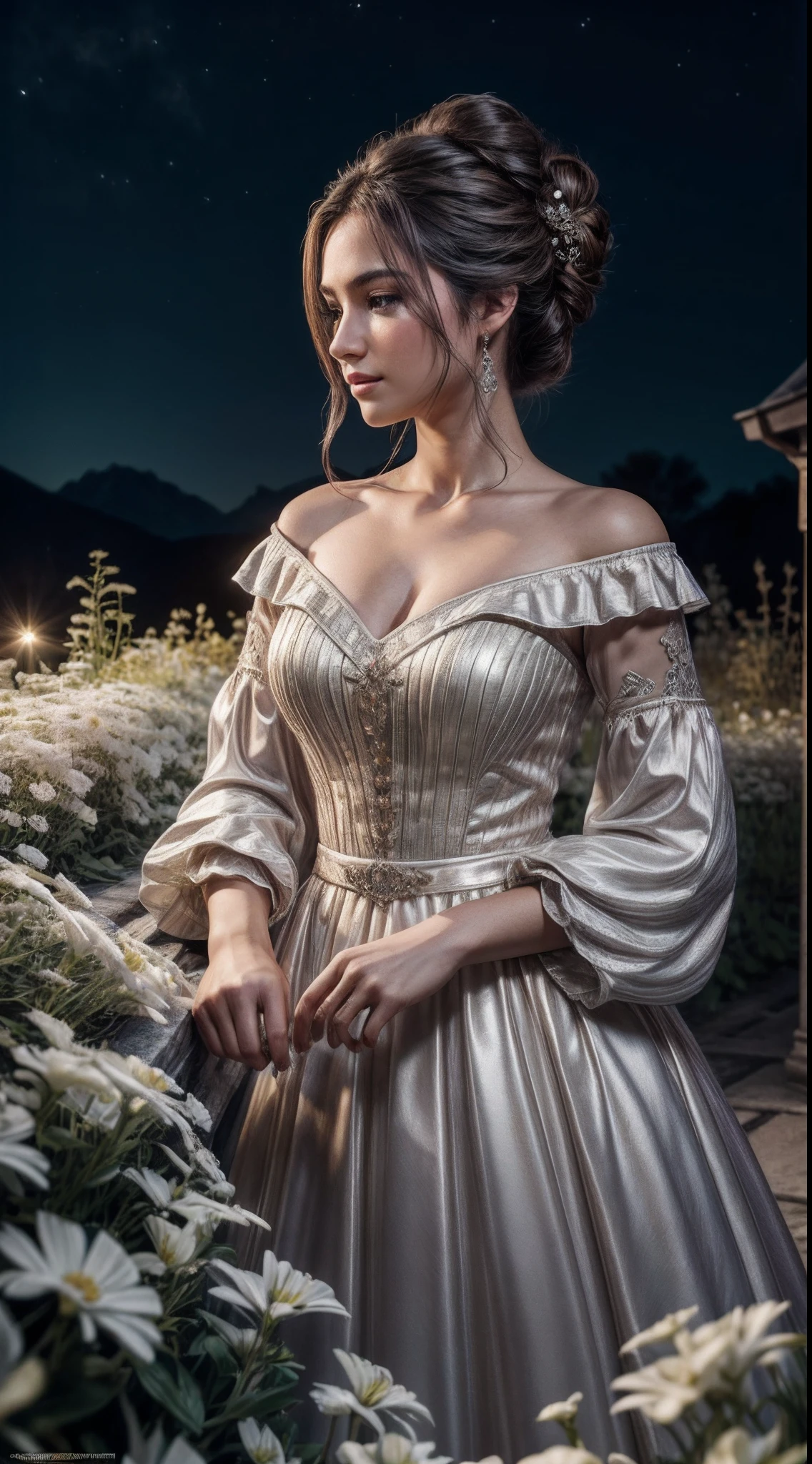 (masterpiece), best quality, (extremely detailed CG unity 64k wallpaper), ultra-high resolution, ultra-high definition, maximalist, 64k UHD, highres, intricate, intricate details, highly detailed, finely detailed, ultra-detailed, ultra-high texture quality, detailed textures, ultra-high pixel detail, (ultra-realistic:1.3), official photo, HDR, DSLR, photography, people photography, professionally color graded, Fujifilm XT3, RAW photo, uncompressed images, shallow depth of field, full color depth, sharp focus, BREAK amazing, gorgeous, white, thrilling scene, lines, moonlight, night, portrait, (woman in outfit in the flowerbed, platinum updo), touching her hair