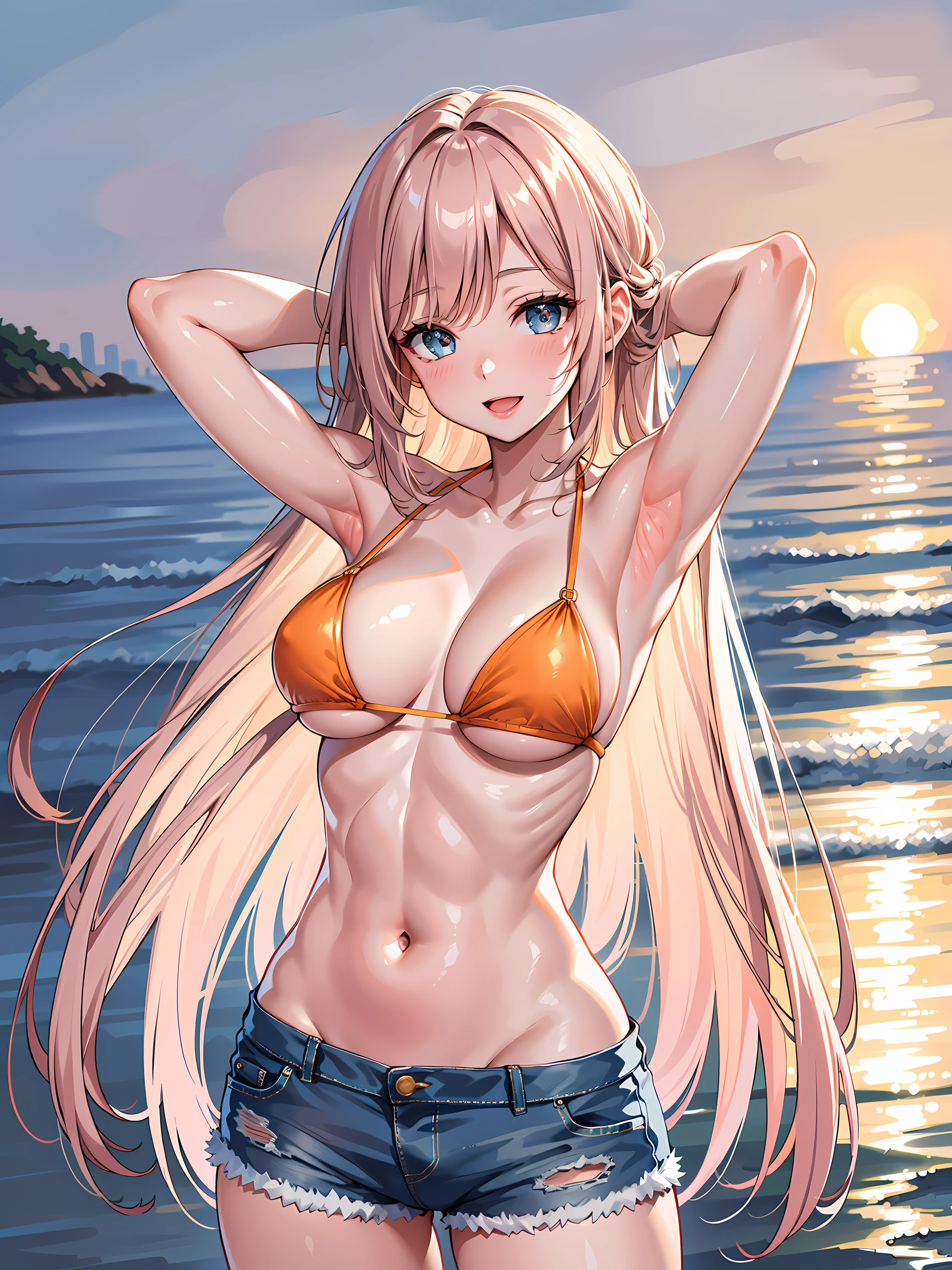 (1girl:1.3, solo), (Masterpiece, best quality, photorealistic, highres, photography, :1.3), ultra-detailed, sharp focus, professional photo, commercial photo, (upper body:1.3), (standing in water:1.3, at blue ocean), (((starring at the viewer:1.5))), (armpit focus, arms up, arms behind on head), BREAK, 1girl, solo, milf, European girl, hot model, (attractive model:1.37), (promotional model:1.2), highly detailed eyes and pupils, realistic skin, (attractive body, large breast:1.25, thin waist:1.15), thin hair, single braid hair, shiny-pink hair, extremely detailed hair, delicate sexy face, sensual gaze, shiny lips, BREAK, (orange bikini:1.3), (shorts:1.3), detailed clothes, BREAK, (outdoor, South California beach background, blurry background:1.25, simple background, no-human background, detailed background), (under sunset:1.37), BREAK, (attractive posing), ((realistic, super realistic, realism, realistic detail)), perfect anatomy, perfect proportion, bokeh, depth of field, hyper sharp image, (attractive emotion, seductive smile:1.2, happy:1.2, blush:1.2, :d:1.2, :p:1.2), 4fingers and thumb, perfect human hands, wind,