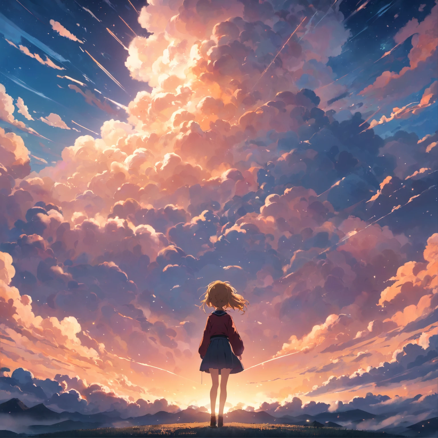 tmasterpiece,best qualtiy,cinematic Film still from,1girl,Cloud Girl,Floating in the sky,(wide shot:1.1),brightly,cheerfulness,Warm and soft lighting,the sunset,(spark of light:0.7)