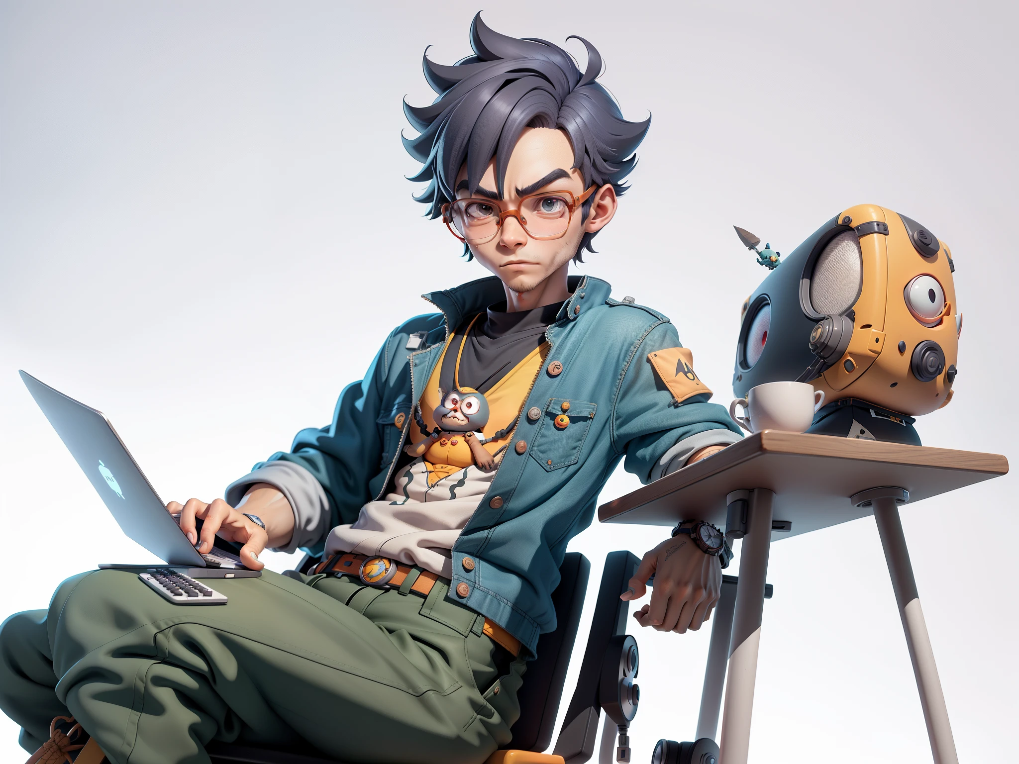 A young man with glasses sits at his desk，holding laptop，digitial painting，3D character design by Mark Clairen and Pixar and Hayao Miyazaki and Akira Toriyama，4K HD illustration，Very detailed facial features and cartoon-style visuals。