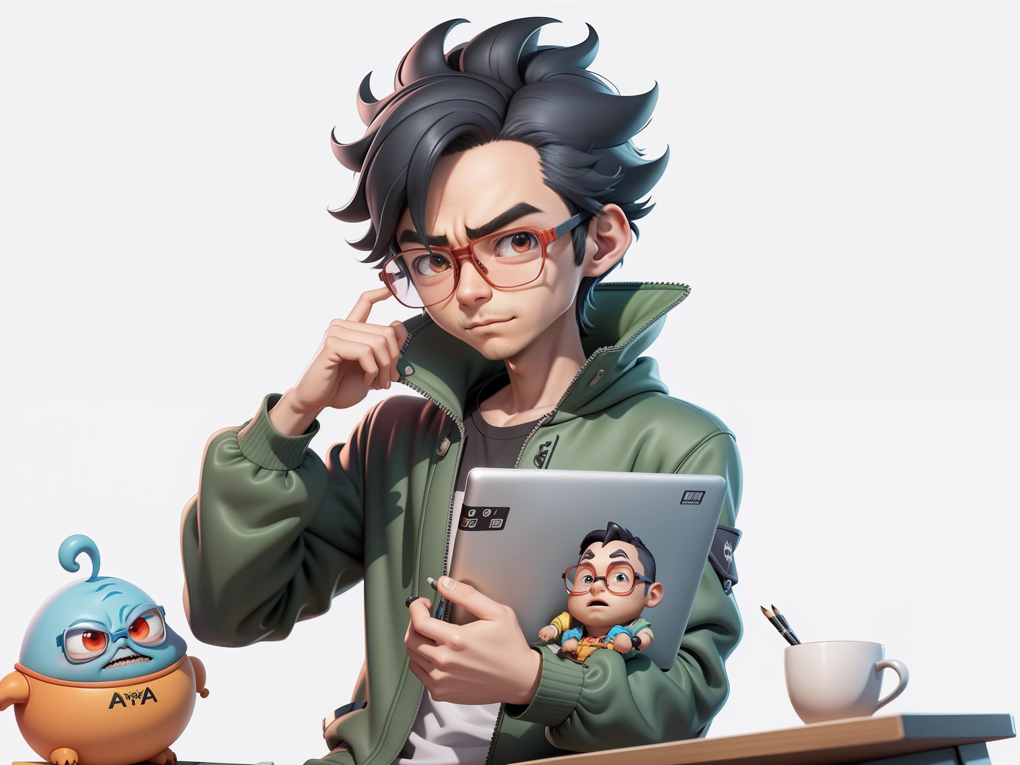 A young man with glasses sits at his desk,holding laptop,digitial painting,3D character design by Mark Clairen and Pixar and Hayao Miyazaki and Akira Toriyama,4K HD illustration,Very detailed facial features and cartoon-style visuals。