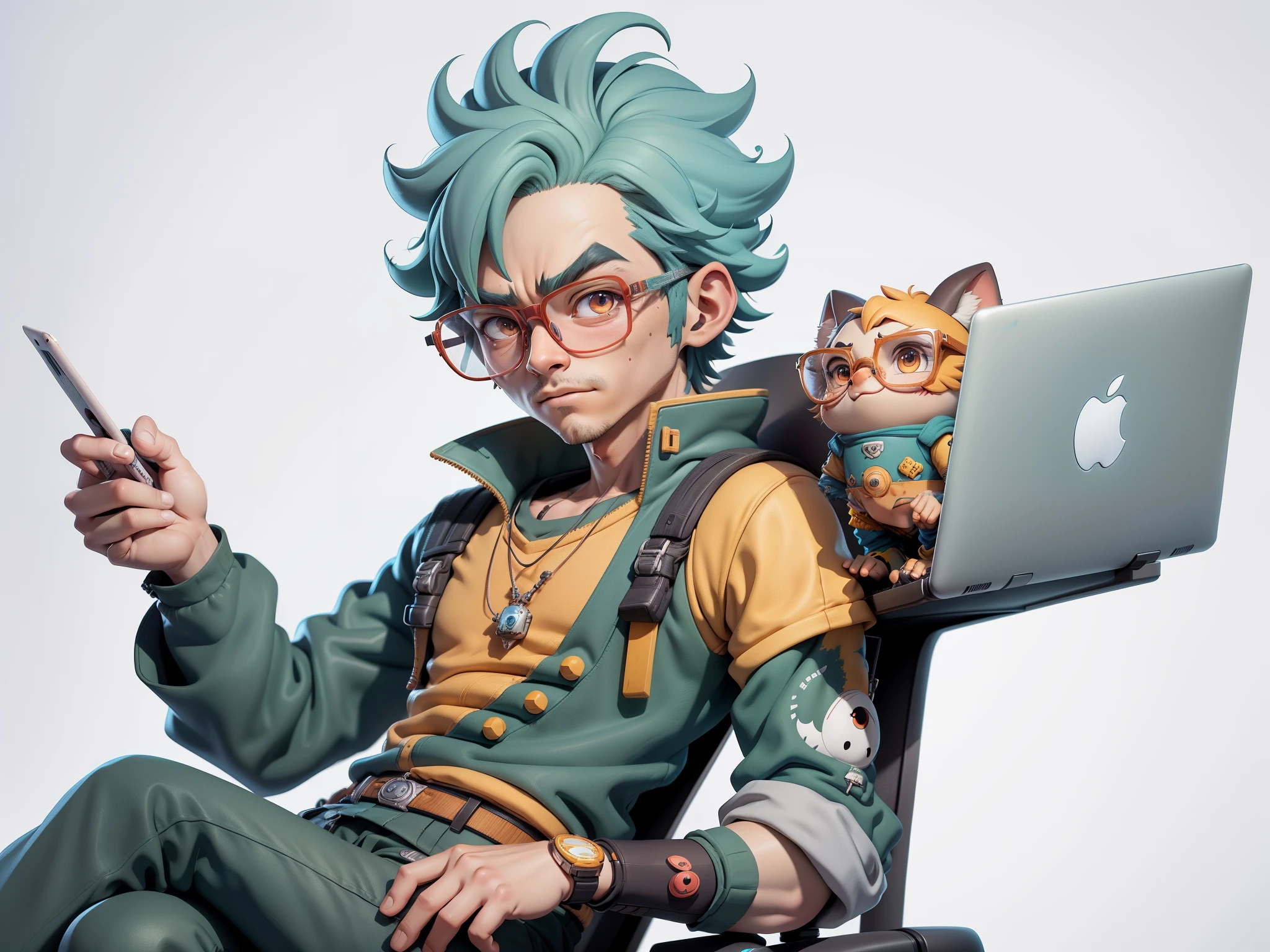 A young man with glasses sits at his desk,holding laptop,digitial painting,3D character design by Mark Clairen and Pixar and Hayao Miyazaki and Akira Toriyama,4K HD illustration,Very detailed facial features and cartoon-style visuals。
