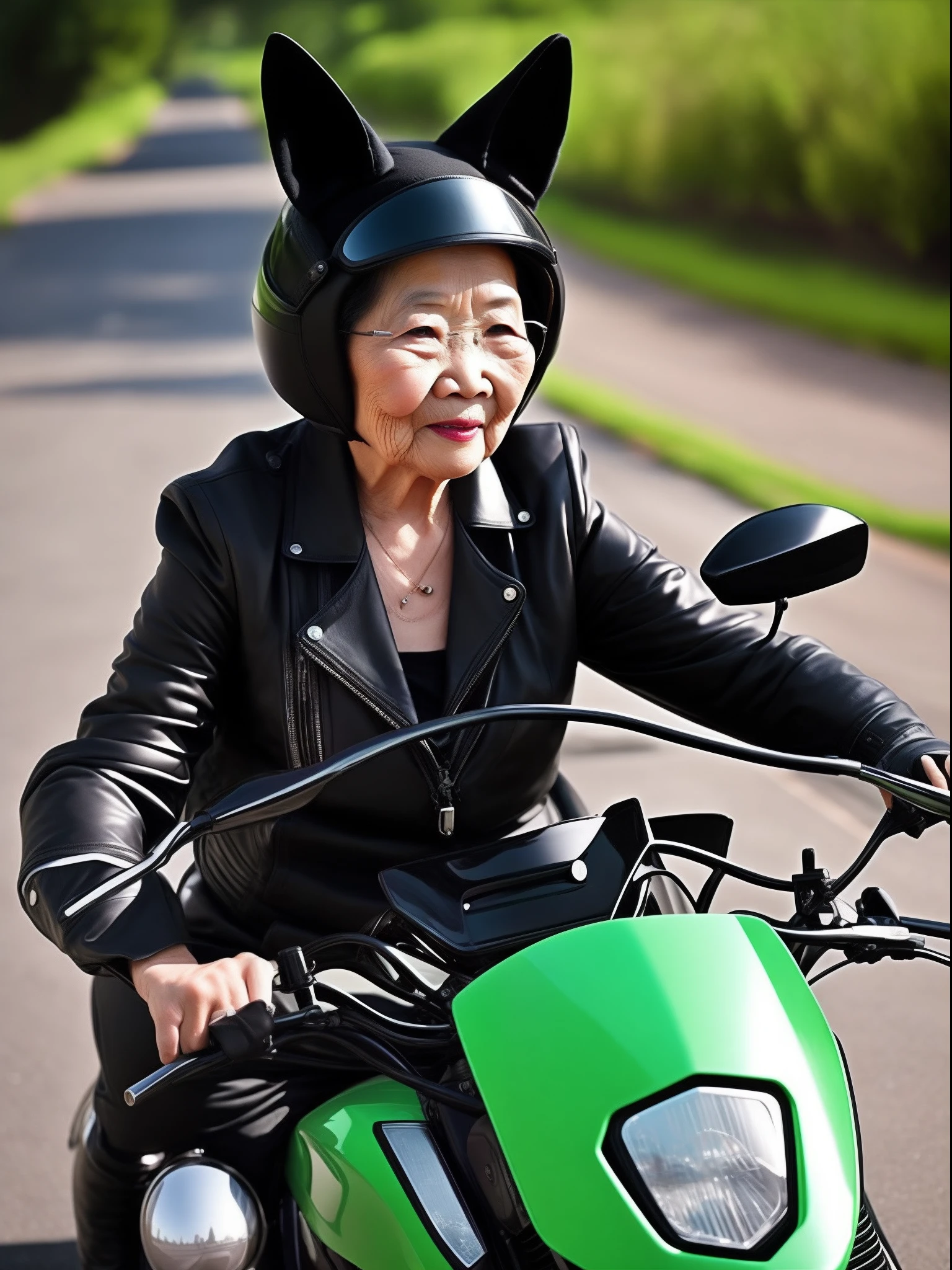 An Asian grandmother on a motorcycle,green color,Lunette de soleil,black cat ears,cruel