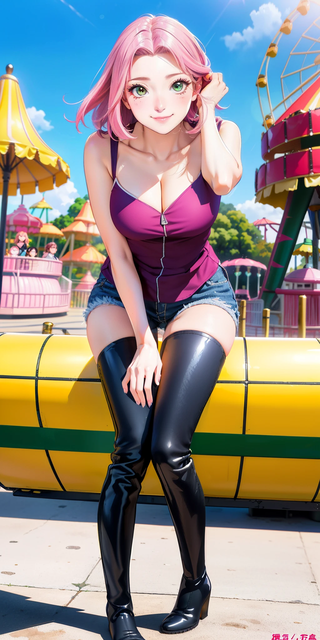 middlebreasts  ((Haruno Sakura)) ((cabelos roso)), olhos verdes claro, cabelos ondulados, corpo extremamente sexy, Gargantilha, (((jaqueta curta bonita top manga comprida, , Botas altas, saia longa plissada ousada e estilosa))), extremamente detalhado, hiper detalhado, (((rosto perfeito)), soft lighting, ((best quality)), dinamic poses , cuteexpression, smile shy, amusement park