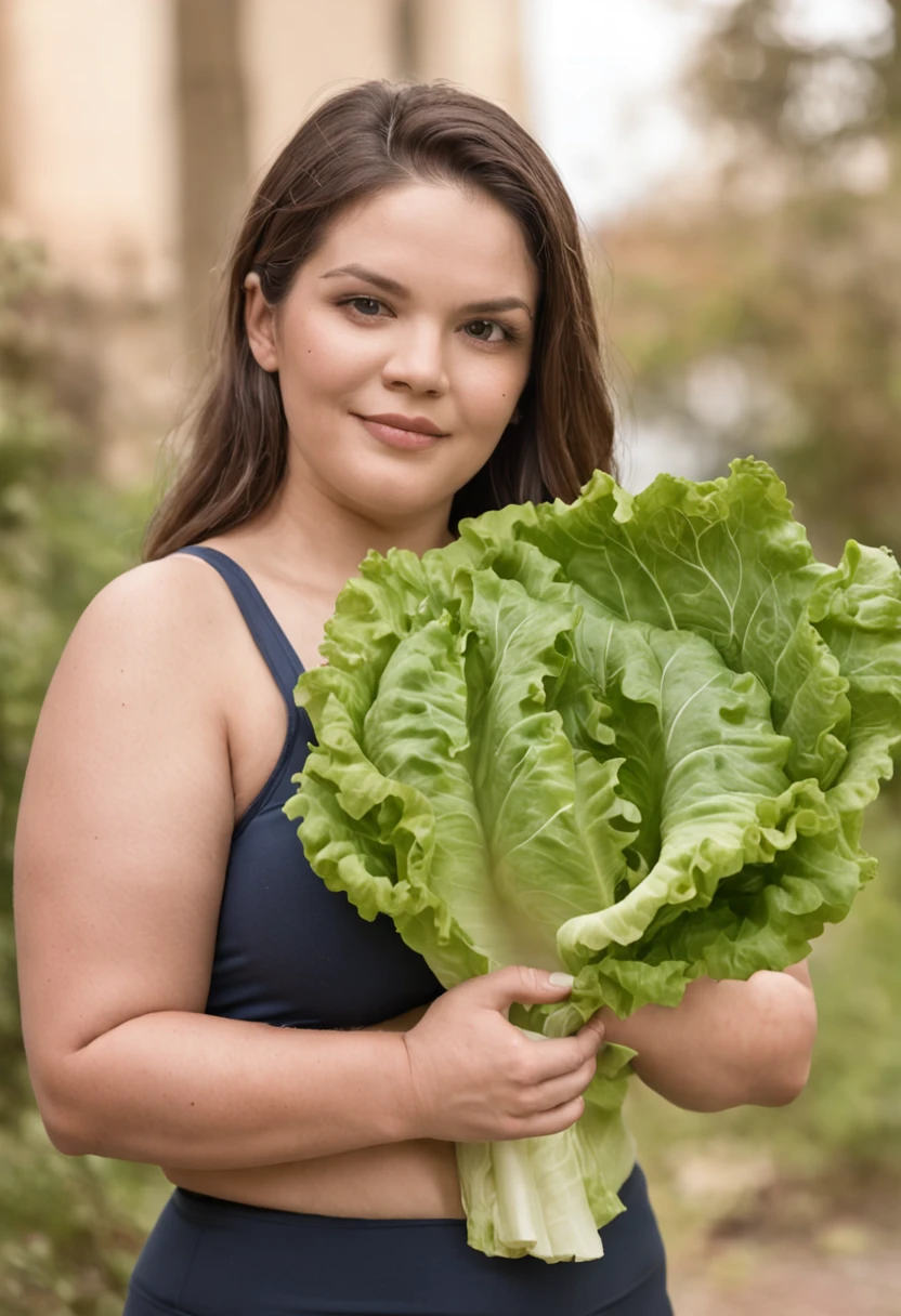 Mulher gorda na horta, obesidade, usando camiseta branca, e short esportivo azul, segurando uma uma folha de alface, holding with his hand a large lettuce leaf, folha de alface grande em sua frente, mulher gorda pele brilhante segurando uma folha de alface gigante, segurando uma folha de alface grande, mostrando folha de alface