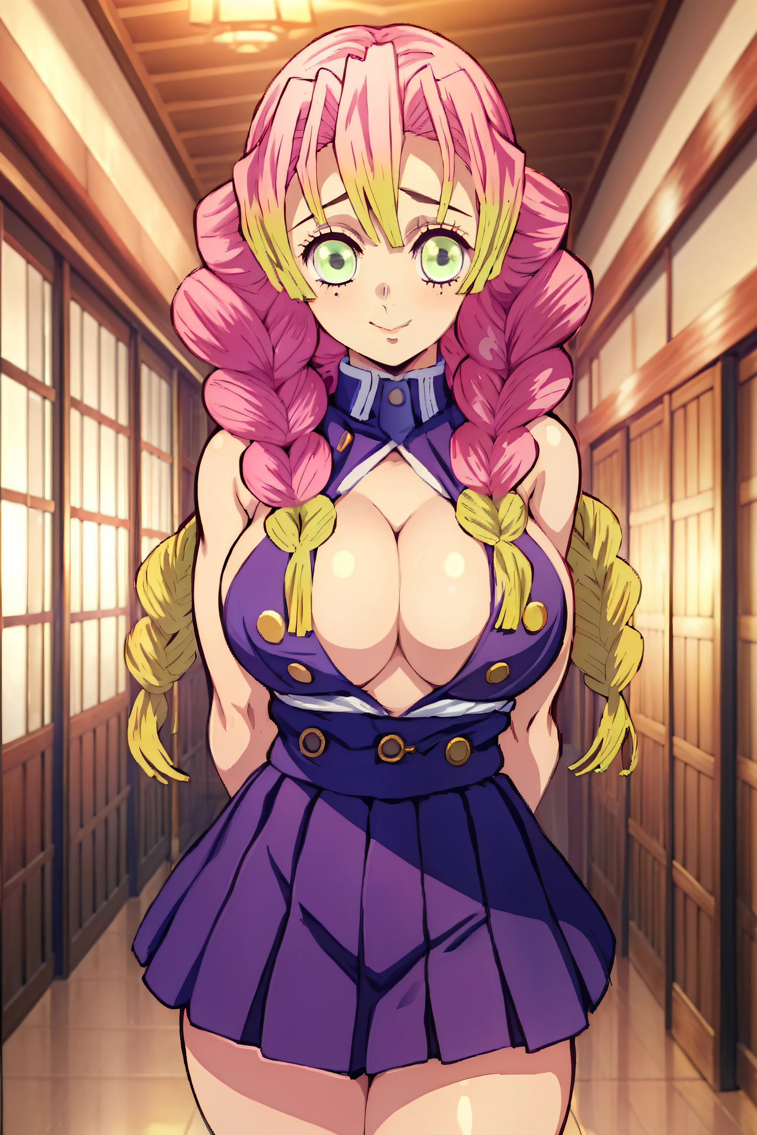 (​masterpiece, Better Quality), 1girl in, Mitsurikan Log, Dazzling, smil, Breast, Underwear、Erotic underwear、servant,(Pose with emphasis on the chest)、Clothes with less fabric area、(a miniskirt)、(Breast exposure)、Cross your arms behind your back、(Colossal tits)、Sleeveless