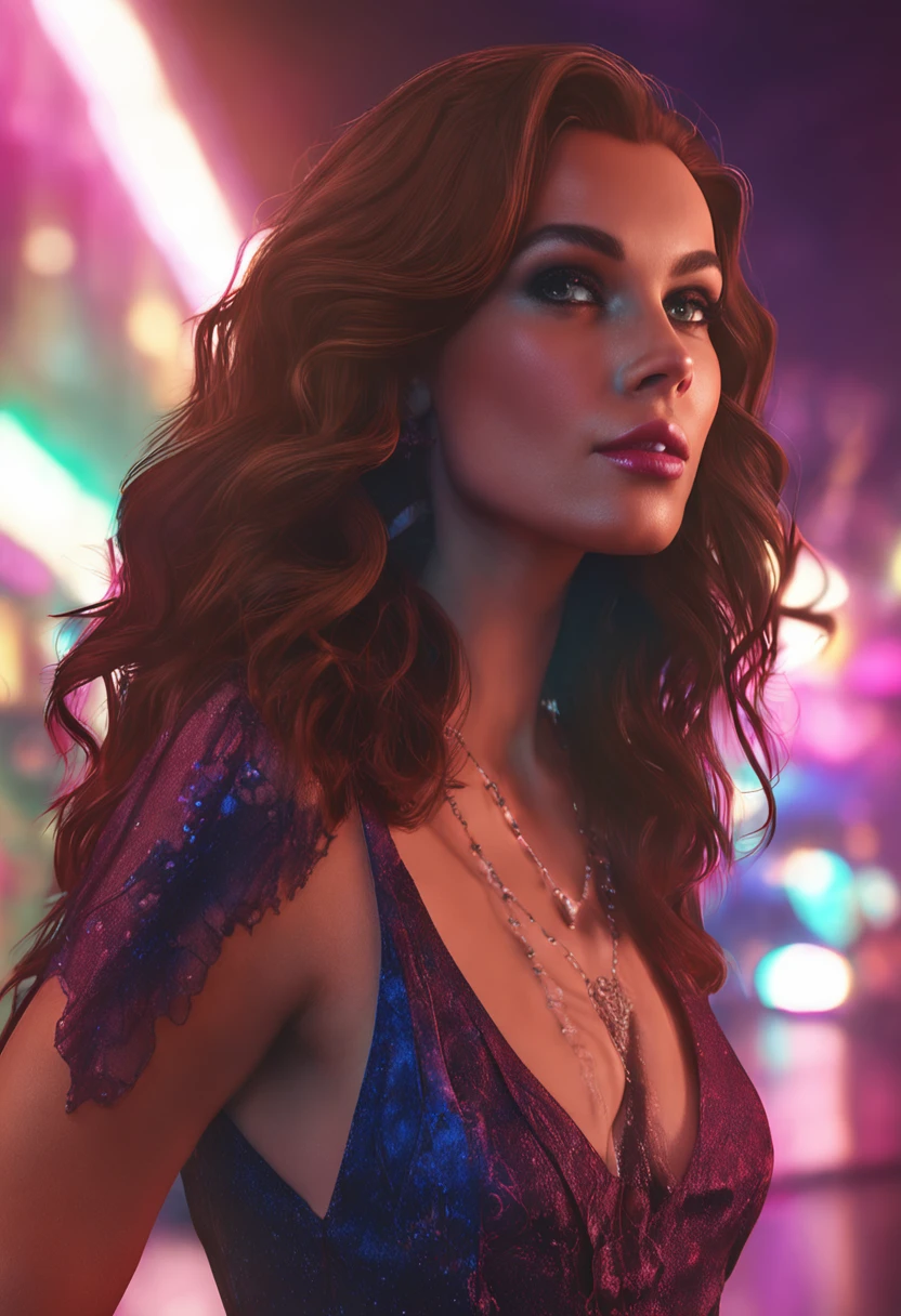 Woman brown hair in a night club dressed in a dress