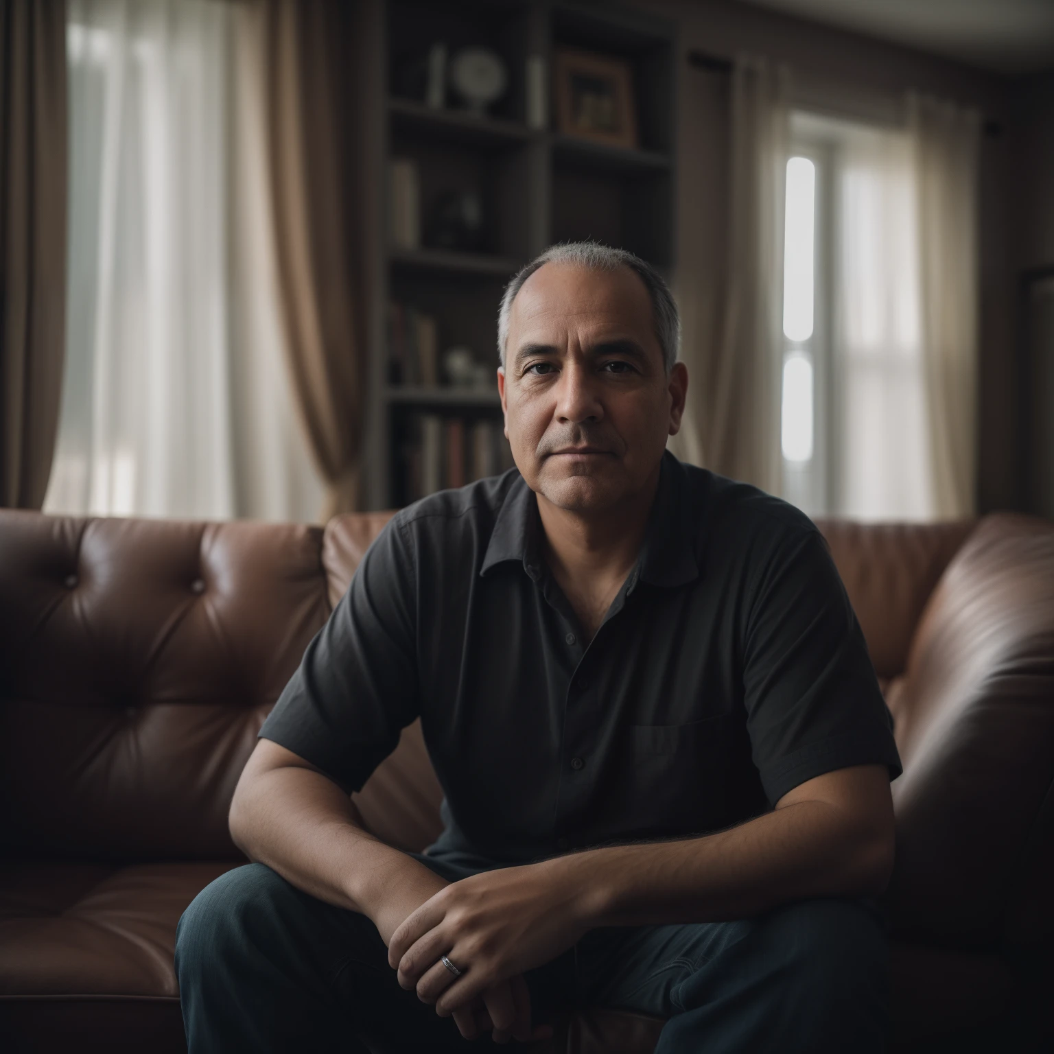 there is a man sitting on a couch in a living room, Retrato de 50mm, cinematic portrayal, Retrato de 60mm, Retrato tirado 8 K, 7 0 mm portrait, shot with sony alpha 1 camera, retrato de alta qualidade, Tiro em Sony A 7 III, Retrato 4k, foto de um homem, 50 mm lens photo portrait, fotografia retrato colorido