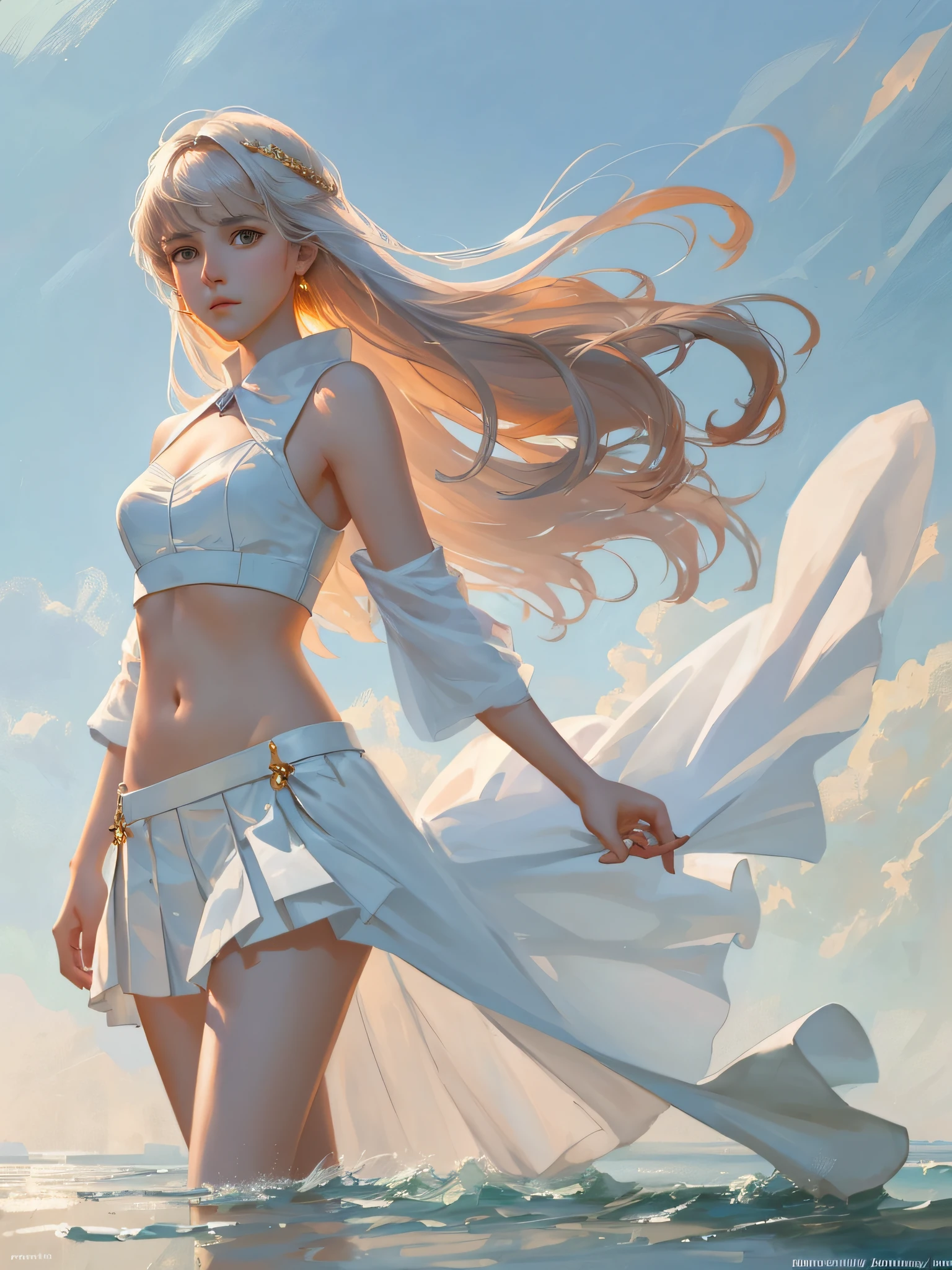 modelshoot style, (extremely detailed CG unity 8k wallpaper), full body photo of the most beautiful artwork in the world, stunningly beautiful photorealistic cute young anime girl in the most urban outfit, short white skirt, sleeveless white top, cropped, small breasts, flat stomach, professional majestic oil painting by Ed Blinkey, Atey Ghailan, Studio Ghibli, by Jeremy Mann, Greg Manchess, Antonio Moro, trending on ArtStation, trending on CGSociety, complicated, detailed, sharp, dramatic, photorealistic painting by Midjourney and Greg Rutkowski