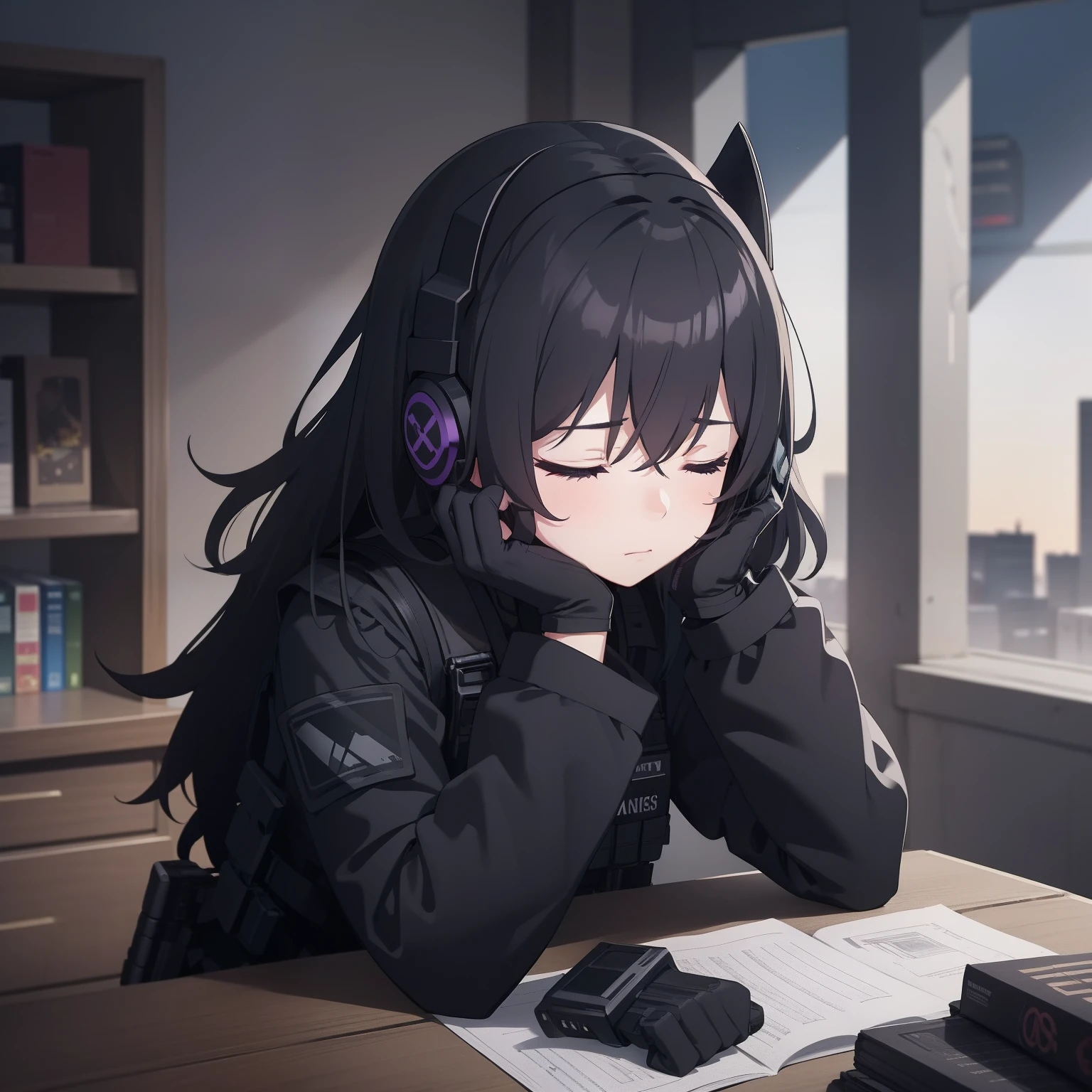 1girl, tactical black helmet, black railed headset, purple headset, black long messy hair, black camo uniform, black shoulder pads, black tactical vest, black armor pads, black handgun holster, black tactical socks, black short skirt, black stockings, black gloves, napping, table, sleeping, closed eyes, books, guns, messy table, ammo magazines