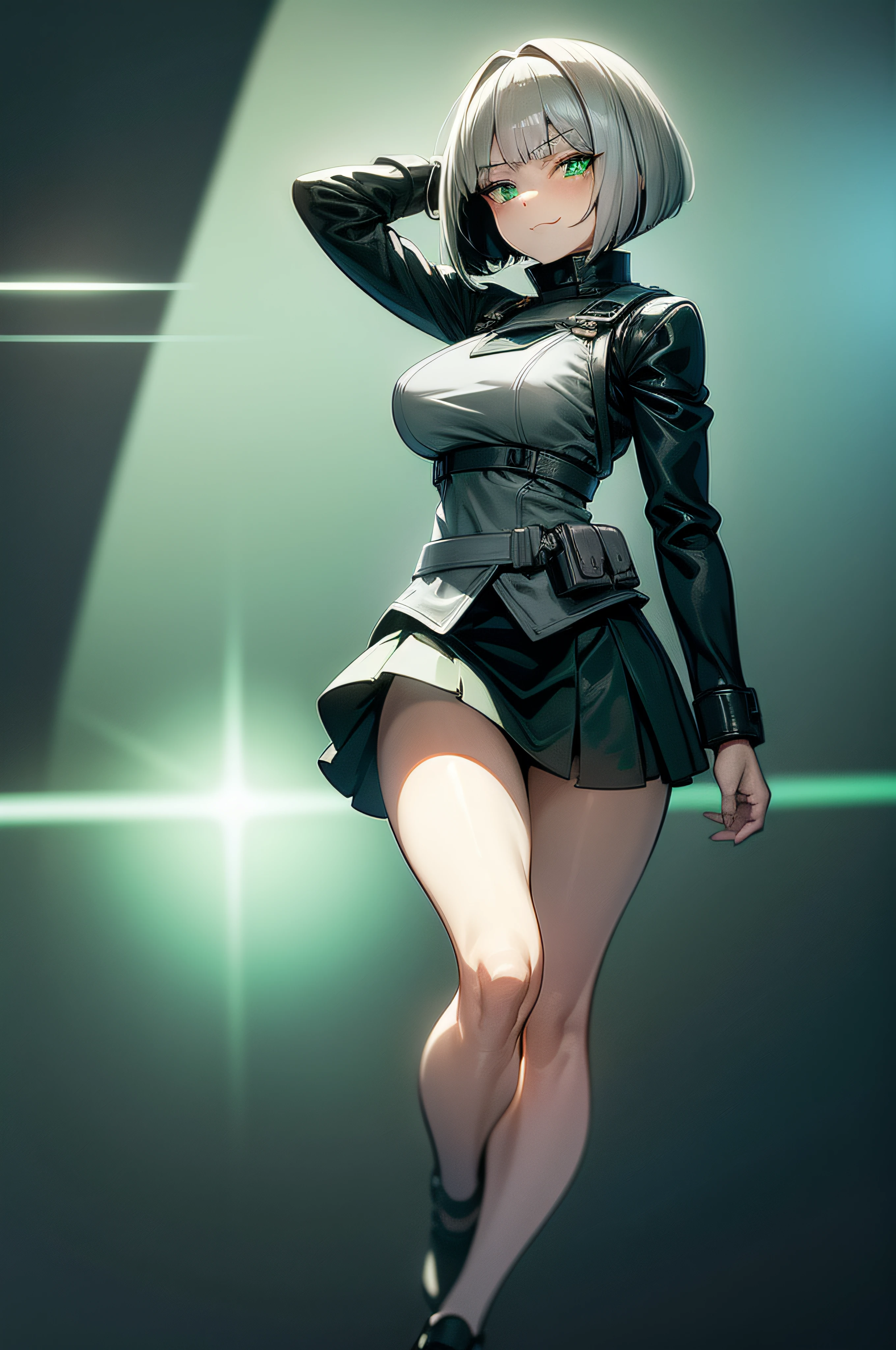 (bad, sousou no frieren), 1 girl, green hair, realistic skin, (full body shot), masterpiece, smirk, (black dress), (split thigh dress), high heels, stocking