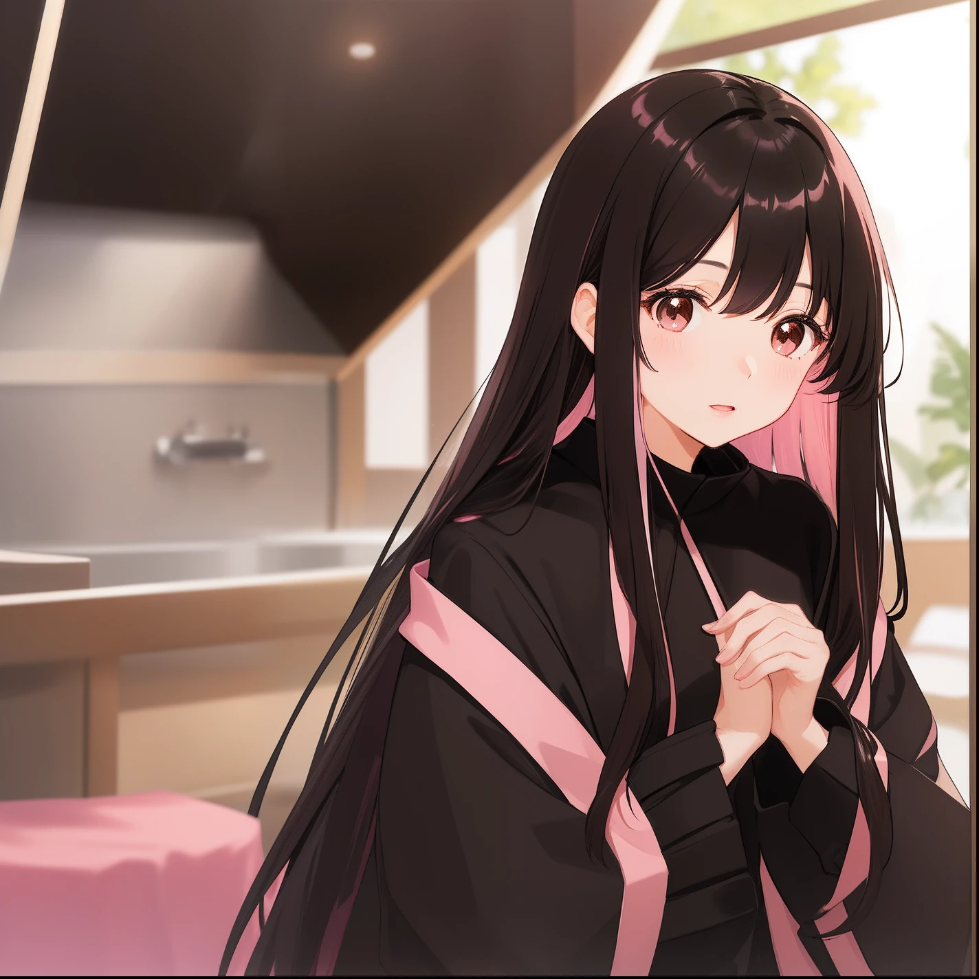 1woman, mature, long black hair with pink highlights, brown eyes, hime style bangs, black clothes