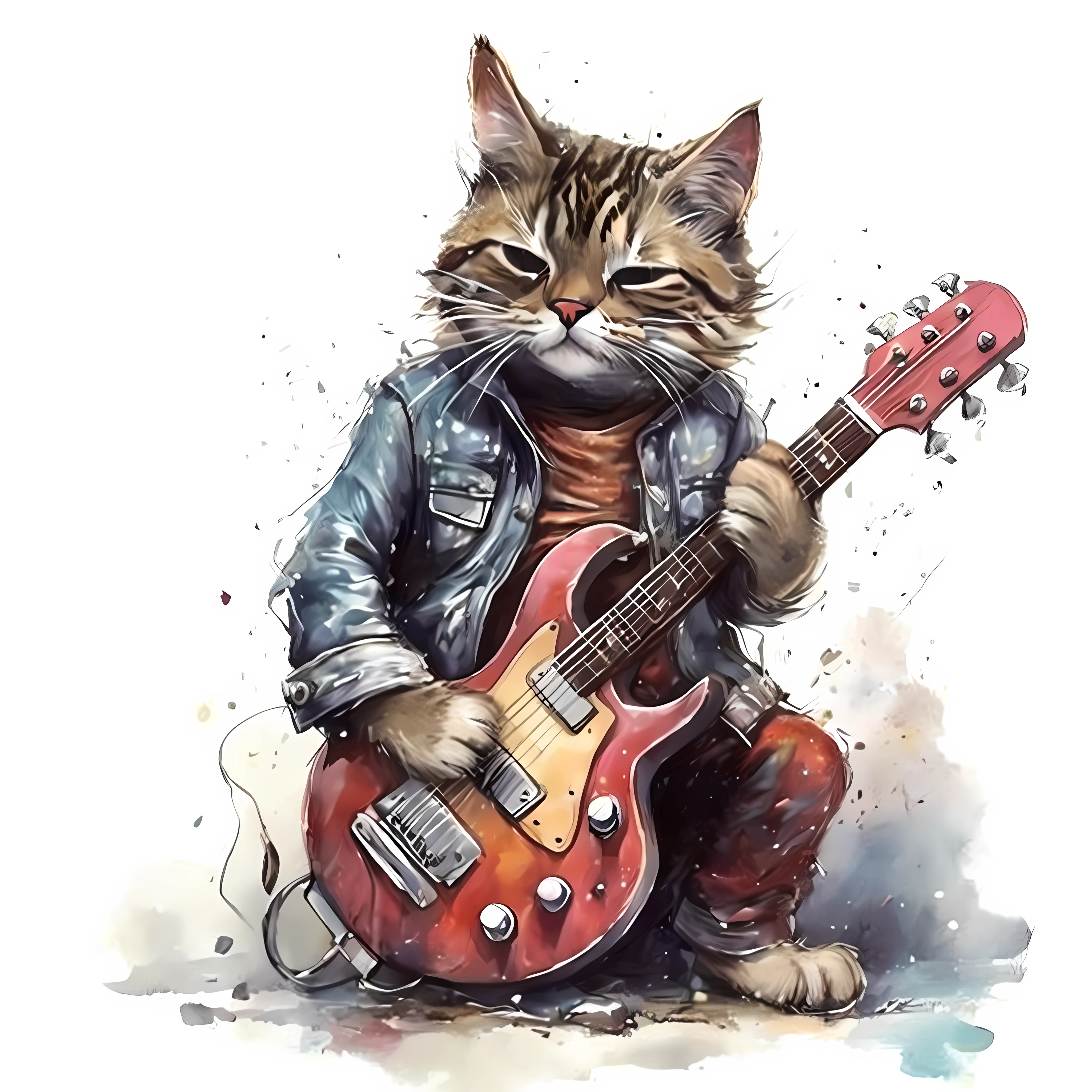 painting of a cat playing a guitar with a jacket in, rocking out, he is a rockstar, Directed by: Joe Bowler, guitarrista, extremely high quality artwork, Cat with lute, design do gato, solo de guitarra, !!!! Gato!!!!, Directed by: Ivan Mrkvička, artista peludo, awesome cat, gatos, !!! Gato!!!, foto do perfil