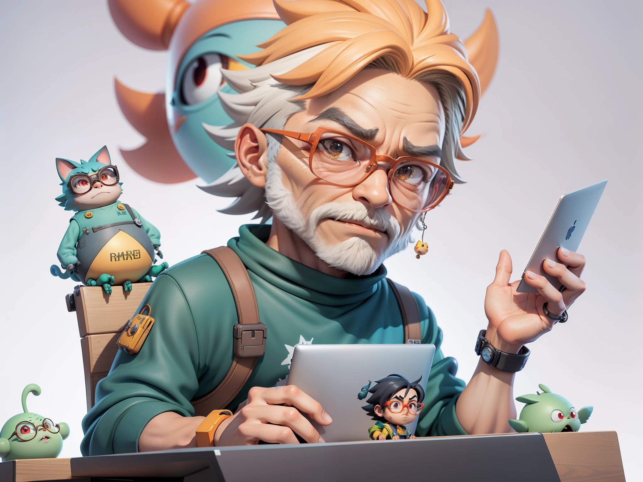 A young man with glasses sits at his desk，holding laptop，digitial painting，3D character design by Mark Clairen and Pixar and Hayao Miyazaki and Akira Toriyama，4K HD illustration，Very detailed facial features and cartoon-style visuals。