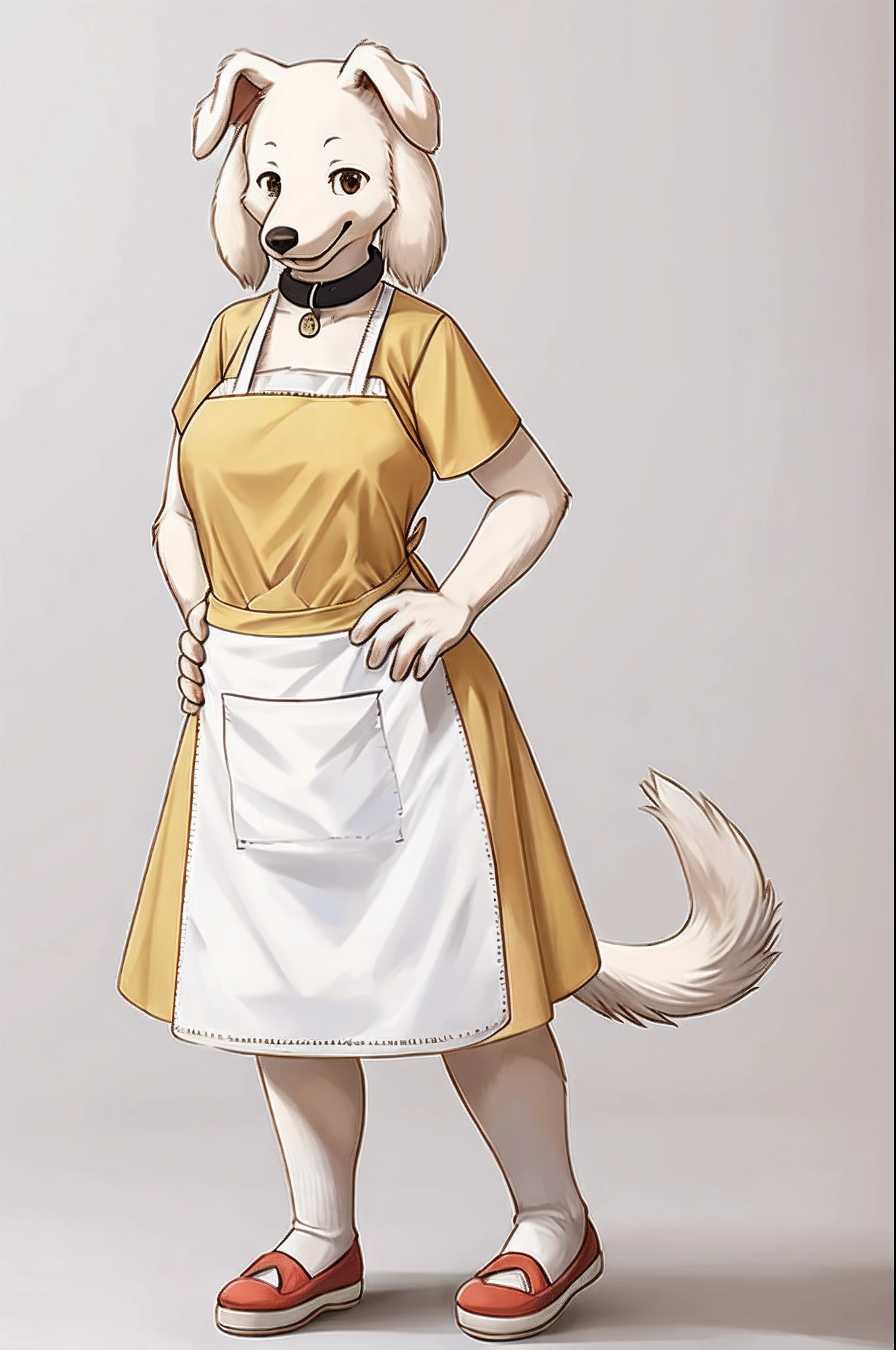 masutepiece, Best Quality, High quality,White background, Simple background, Standing portrait of a character, 1female, Solo, white dog woman, Furry,  Full body,Look at viewers,Gentle smile, Calm and mature female, eyes gentle, hand on hip, mother, apron, yellow dress, collar, white socks, flat shoes, brown inner shirt