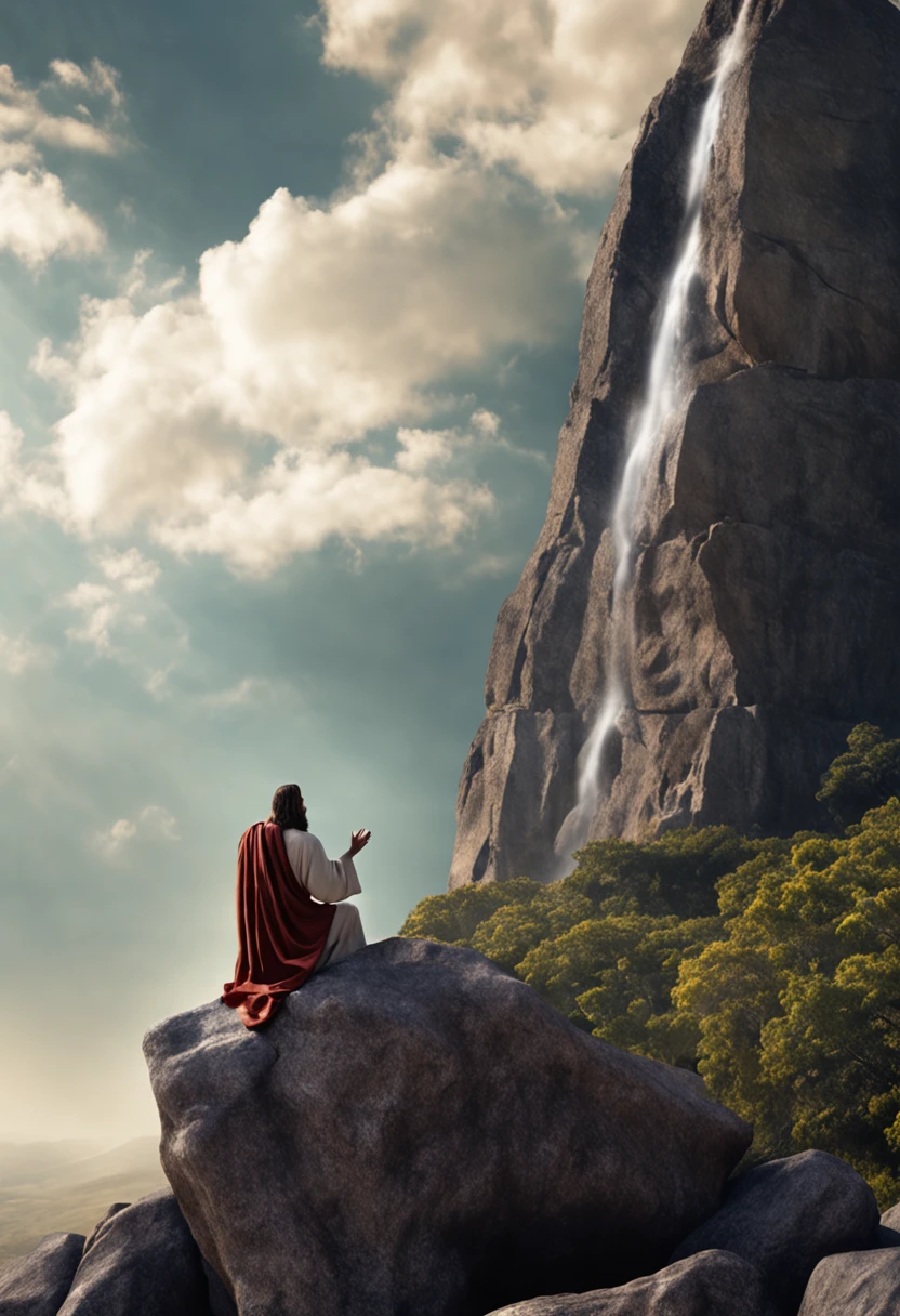 Jesus Christ sitting on a rock looking up at the open Heaven,sem pedras, aves voando, Ultra realista, hiperdetalhado