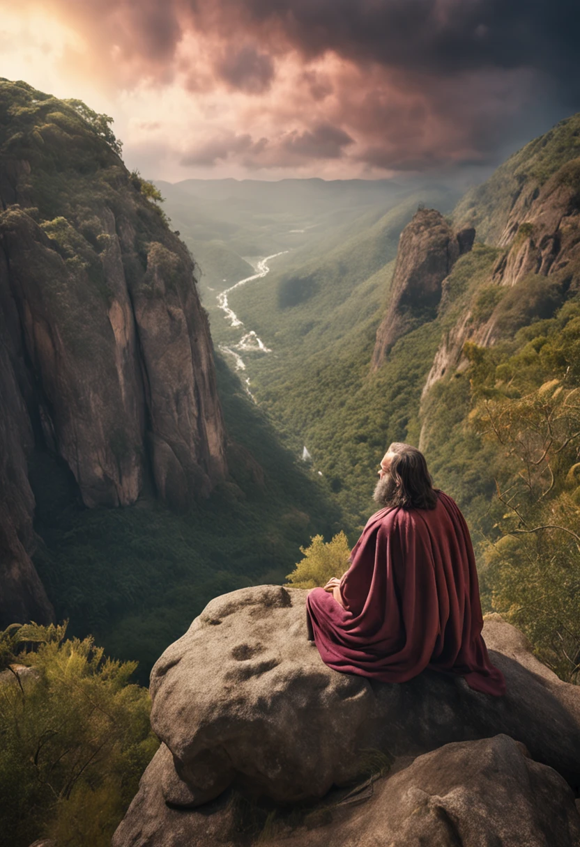 Jesus Christ sitting on a rock looking up at the open Heaven,sem pedras, aves voando, Ultra realista, hiperdetalhado