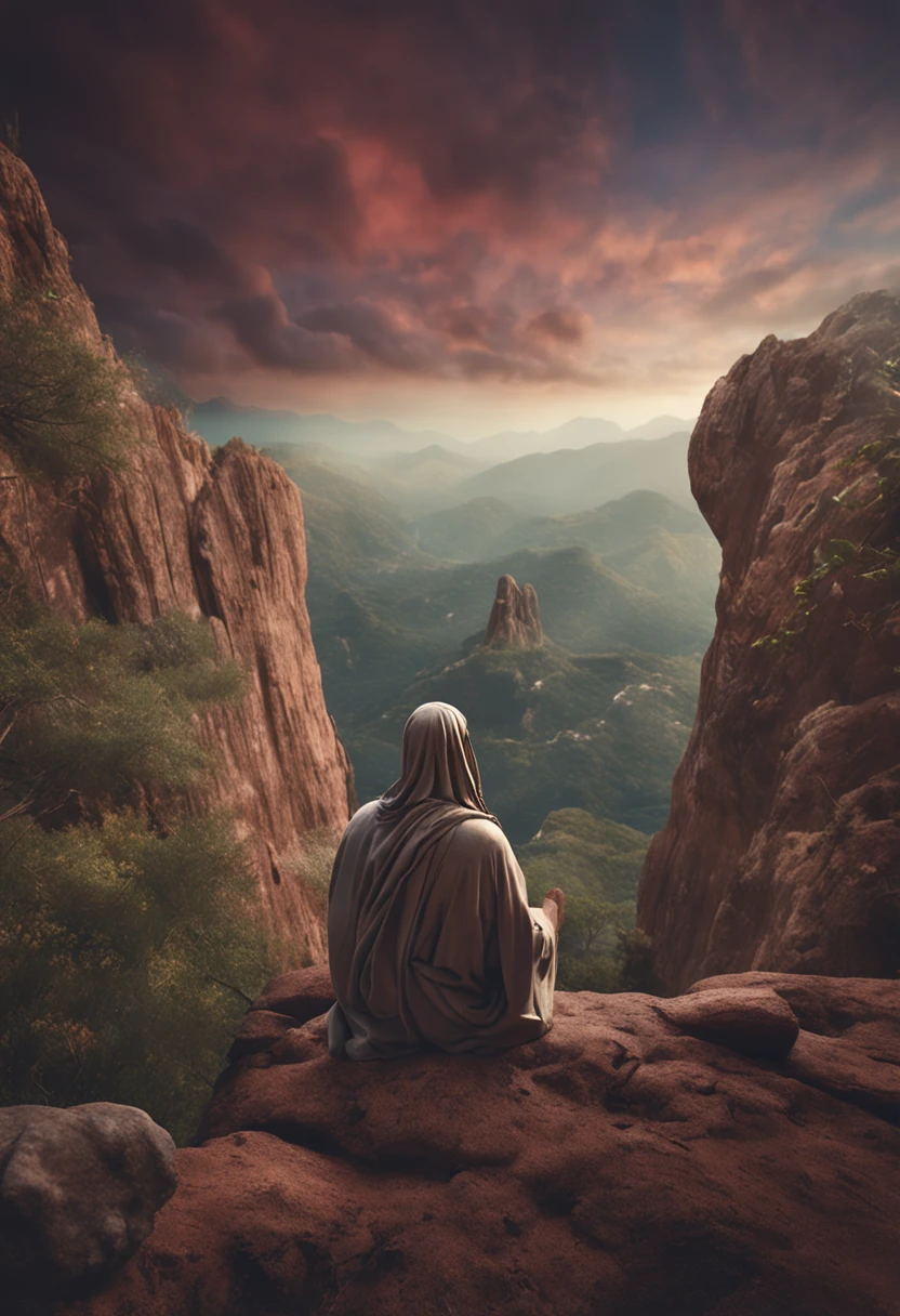 Jesus Christ sitting on a rock looking up at the open Heaven,sem pedras, aves voando, Ultra realista, hiperdetalhado