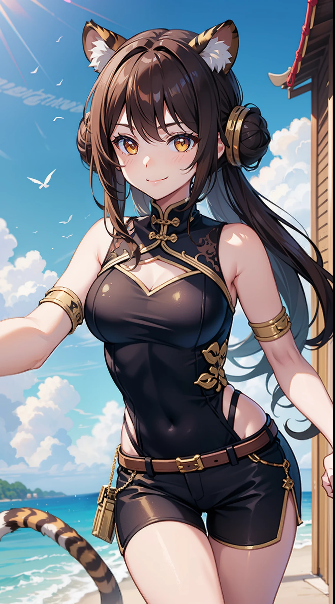 young girl, brown hair, Two buns, golden eyes, Tiger ears, Chinese yellow and blue dress, Shorts, Ironbound Bracers, Winks, Smile, Masterpiece, hiquality