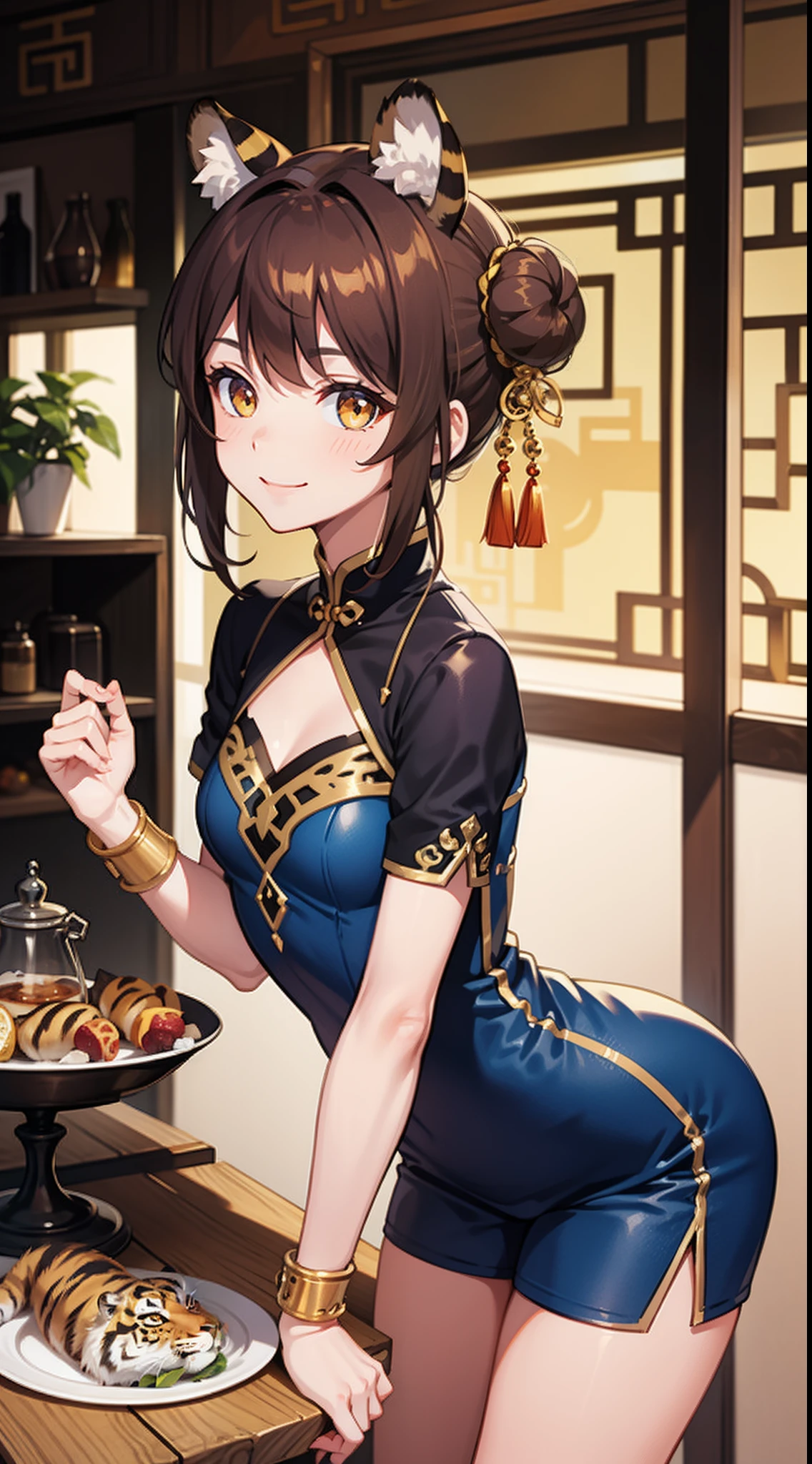 1girl, medium build, sitting on restaurant chair, (BLUSH), smile, Dark brown hair, gold hair tips, blunt bangs, long hair, gold eyes, ((china dress)), Modern, (((contemporary))), classy restaurant, exotic, extravagant, masterpiece,