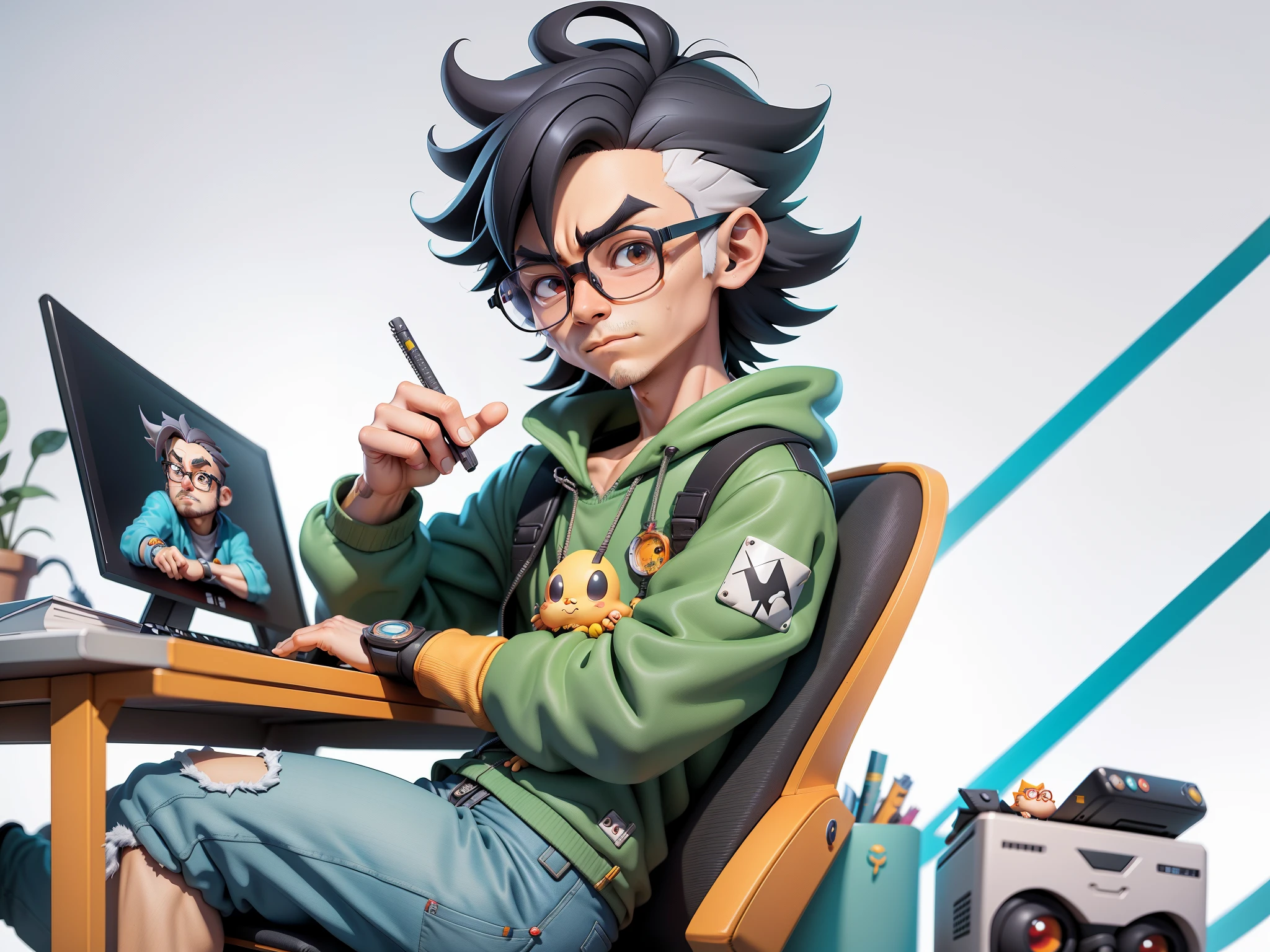 A young man with glasses sits at his desk，holding laptop，digitial painting，3D character design by Mark Clairen and Pixar and Hayao Miyazaki and Akira Toriyama，4K HD illustration，Very detailed facial features and cartoon-style visuals。
