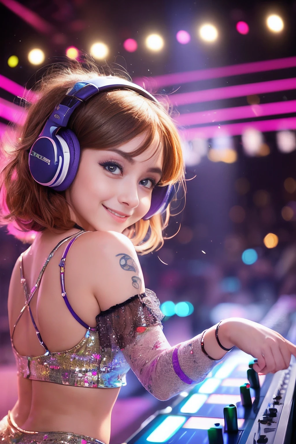 ((((Sweet girl, European appearance, big eyes, European Eye Shape, hair light, Smiling – disc jockey, Dancing)))) , bright clothes, unusual, striking appearance, Playful accessories, Creative behavior, Creative behavior, Sensual, spontaneous, DJ headphones, Mixing console, Music Club, nightclub, Indie theatres, Dancing against the background of the dance floor, Underground Dance Club, topquality, skin texture, Complicated details (电影灯光), RAW photo of a, 8K