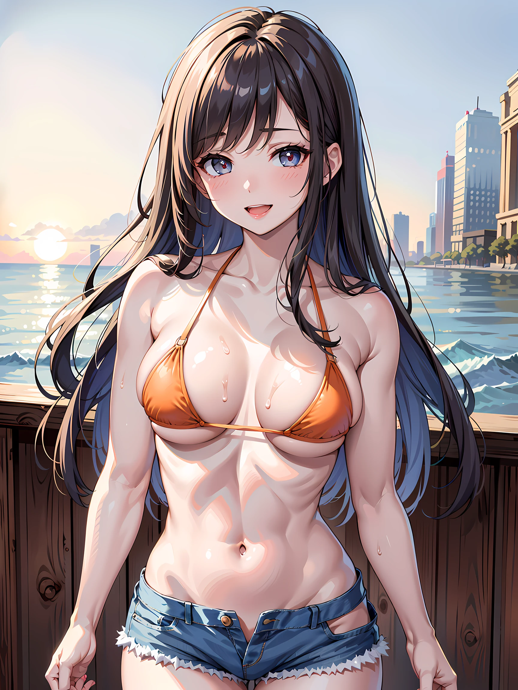(1girl:1.3, solo), (Masterpiece, best quality, photorealistic, highres, photography, :1.3), ultra-detailed, sharp focus, professional photo, commercial photo, (upper body:1.3), (standing at blue ocean:1.3, in water), (((starring at the viewer:1.5))), BREAK, 1girl, solo, milf, European girl, hot model, (attractive model:1.37), (promotional model:1.2), highly detailed eyes and pupils, realistic skin, (attractive body, large breast:1.25, thin waist:1.15), thin hair, single braid hair, mahogany hair, extremely detailed hair, delicate sexy face, sensual gaze, shiny lips, BREAK, (orange bikini:1.3), (shorts:1.3), detailed clothes, BREAK, (outdoor, South California beach background, blurry background:1.25, simple background, no-human backgorund, detailed background), (under sunset:1.37), BREAK, (attractive posing), ((realistic, super realistic, realism, realistic detail)), perfect anatomy, perfect proportion, bokeh, depth of field, hyper sharp image, (attractive emotion, seductive smile:1.2, happy:1.2, blush:1.2, :d:1.2, :p:1.2), 4fingers and thumb, perfect human hands, wind,