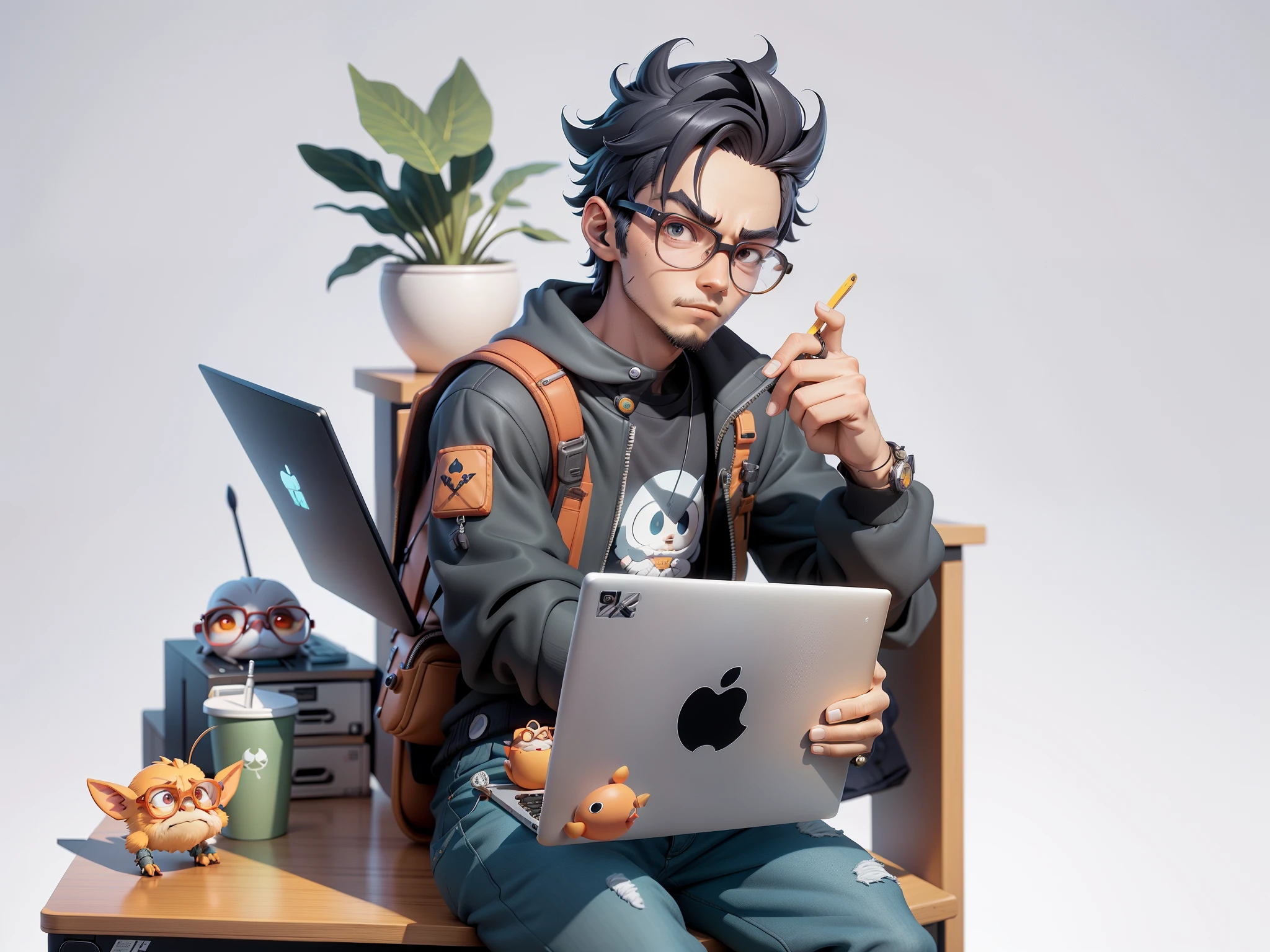 A young man with glasses sits at his desk，holding laptop，digitial painting，3D character design by Mark Clairen and Pixar and Hayao Miyazaki and Akira Toriyama，4K HD illustration，Very detailed facial features and cartoon-style visuals。