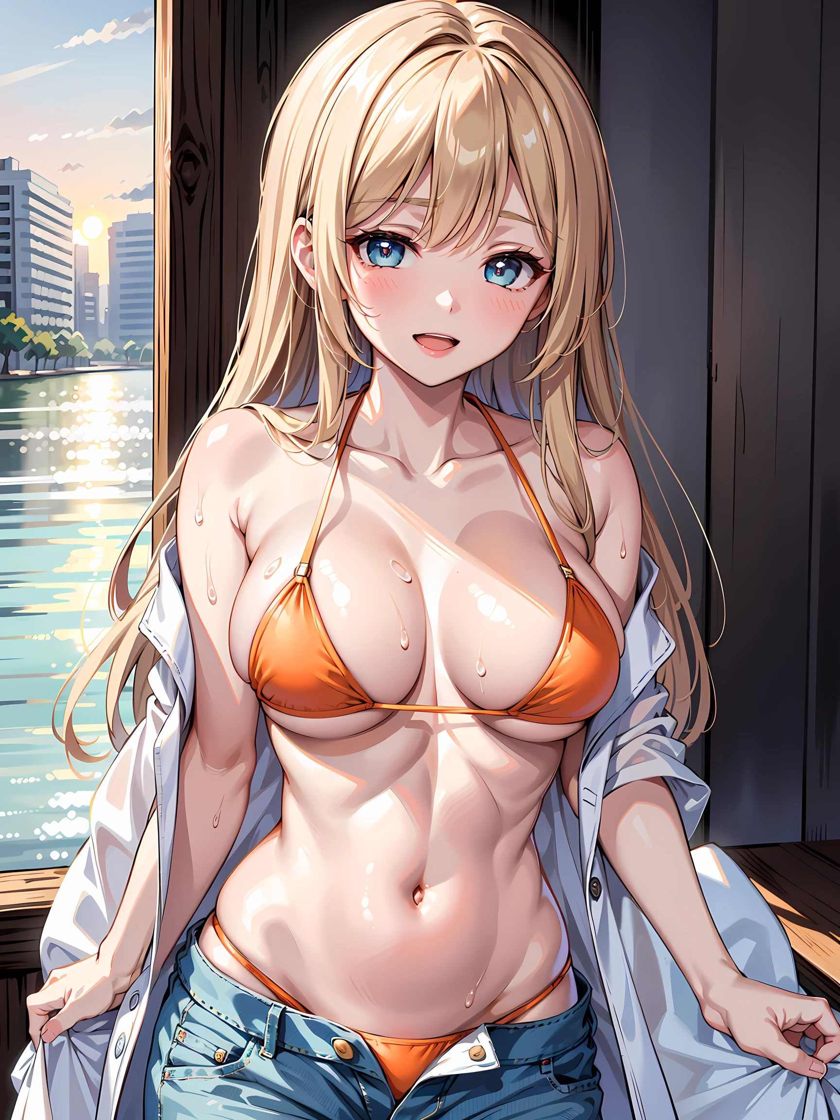 (1girl:1.3, solo), (Masterpiece, best quality, photorealistic, highres, photography, :1.3), ultra-detailed, sharp focus, professional photo, commercial photo, (upper body:1.3), (standing at blue ocean:1.3, in water), (((starring at the viewer:1.5))), BREAK, 1girl, solo, milf, European girl, hot model, (attractive model:1.37), (promotional model:1.2), highly detailed eyes and pupils, realistic skin, (attractive body, large breast:1.25, thin waist:1.15), thin hair, single braid hair, mahogany hair, extremely detailed hair, delicate sexy face, sensual gaze, shiny lips, BREAK, (orange bikini:1.3), (shorts:1.3), detailed clothes, BREAK, (outdoor, South California beach background, blurry background:1.25, simple background, no-human backgorund, detailed background), (under sunset:1.37), BREAK, (attractive posing), ((realistic, super realistic, realism, realistic detail)), perfect anatomy, perfect proportion, bokeh, depth of field, hyper sharp image, (attractive emotion, seductive smile:1.2, happy:1.2, blush:1.2, :d:1.2, :p:1.2), 4fingers and thumb, perfect human hands, wind,