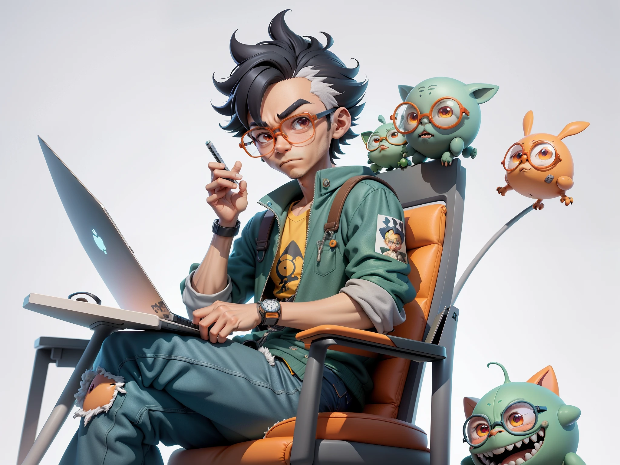 A young man with glasses sits at his desk,holding laptop,digitial painting,3D character design by Mark Clairen and Pixar and Hayao Miyazaki and Akira Toriyama,4K HD illustration,Very detailed facial features and cartoon-style visuals。