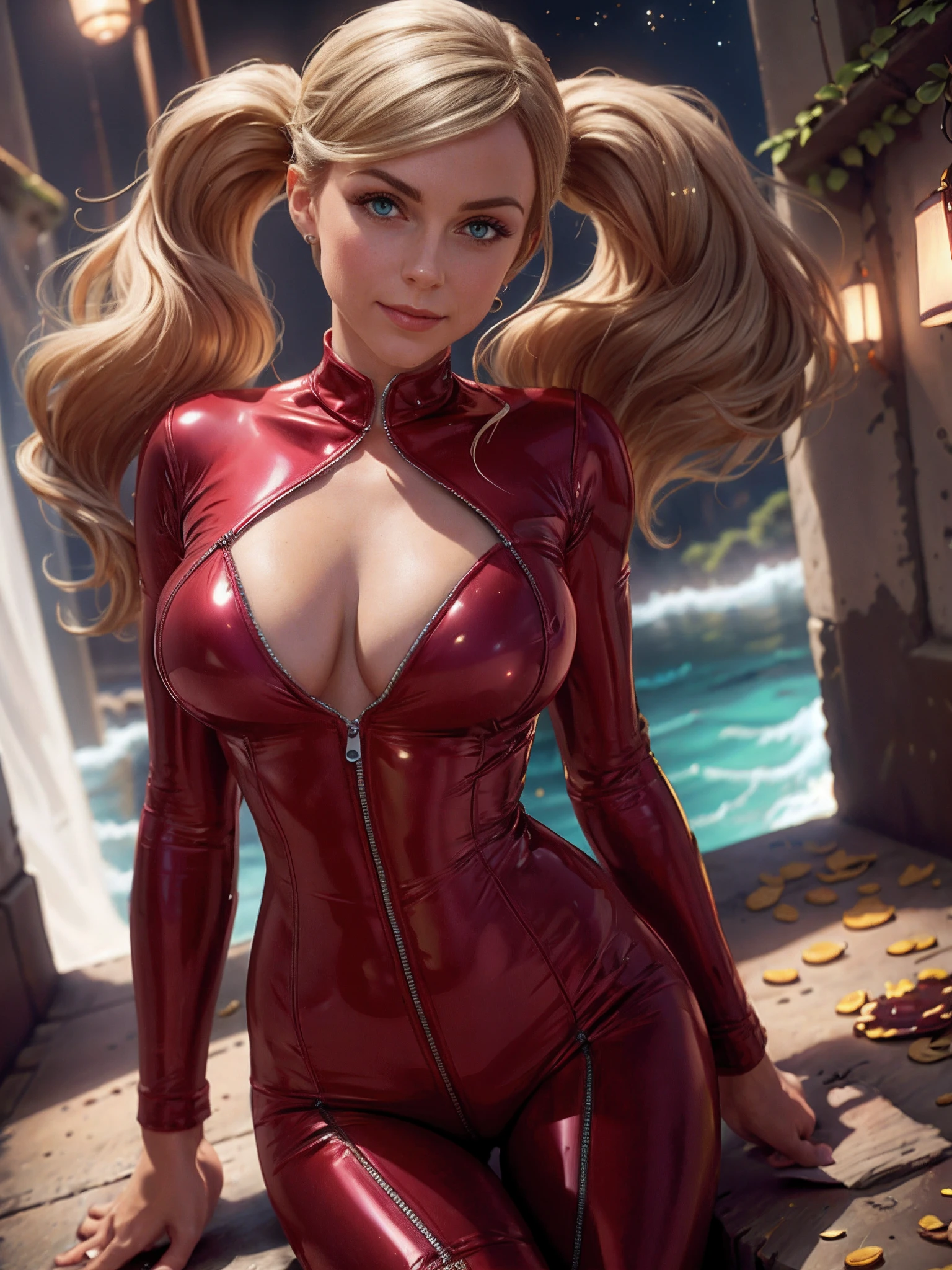 "Same character, same hairstyle, same pose, Glossier Catsuit, but photorealistic ultra-sharp, highly detailed hair."