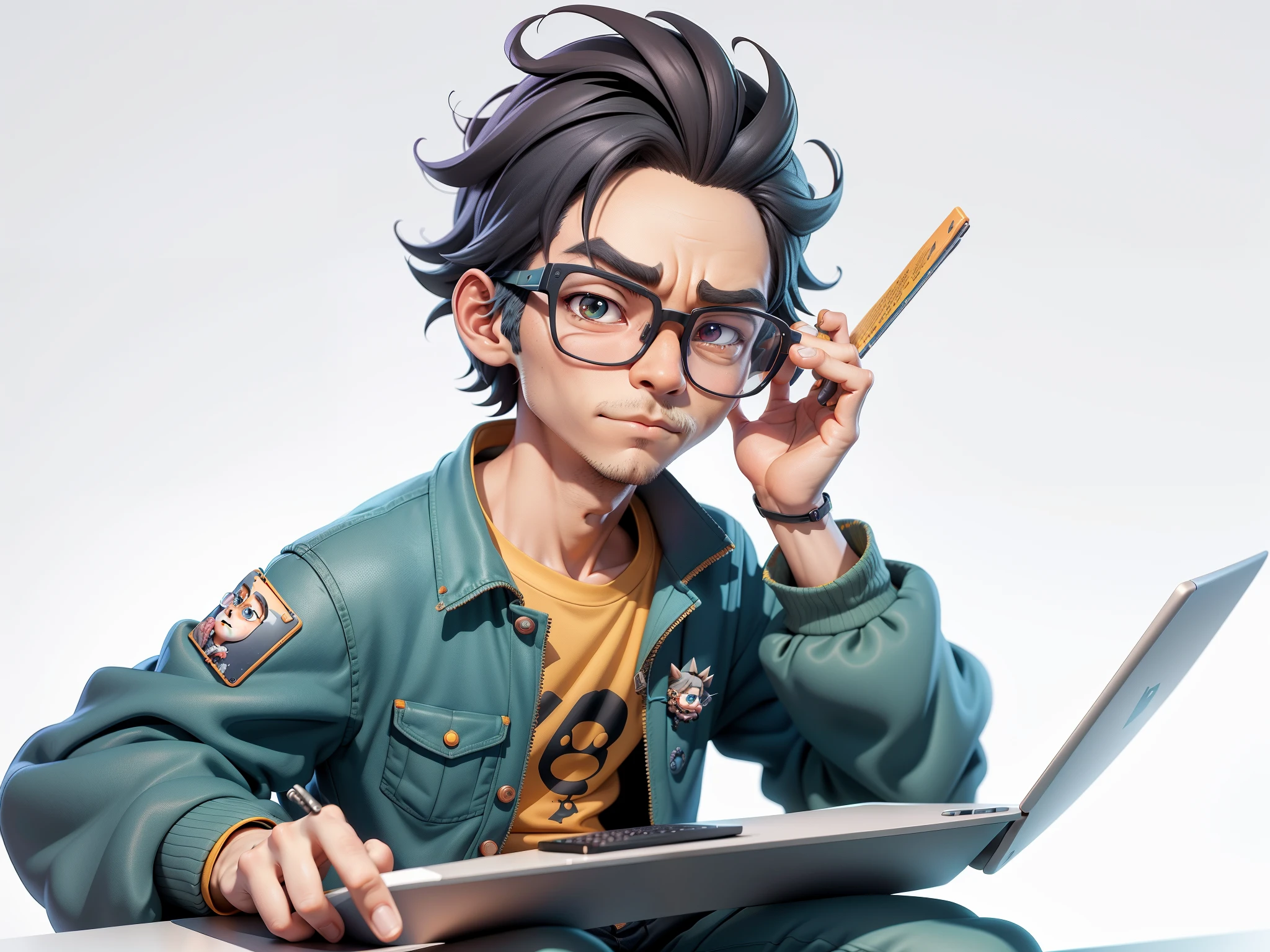 A young man with glasses sits at his desk，holding laptop，digitial painting，3D character design by Mark Clairen and Pixar and Hayao Miyazaki and Akira Toriyama，4K HD illustration，Very detailed facial features and cartoon-style visuals。