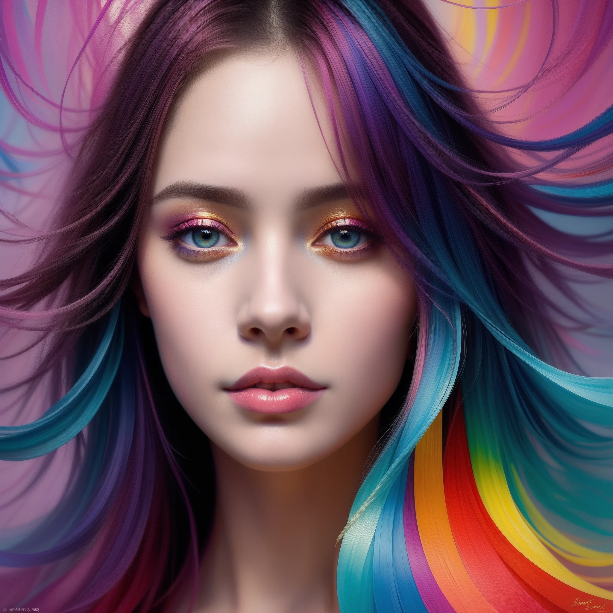 _james jean, floating female figure made of ribbons, smoke, in the sky, colorful and vibrant, mystical colors, contemporary impressionism, yanjun cheng portrait painting, iridescent painting, 3/4 perspective view, cute face, low angle, sweeping circling composition, large beautiful crystal eyes, big irises, UHD, HDR, 8K, (Masterpiece:1. 5), (the most beautiful portrait in the world:1.5)