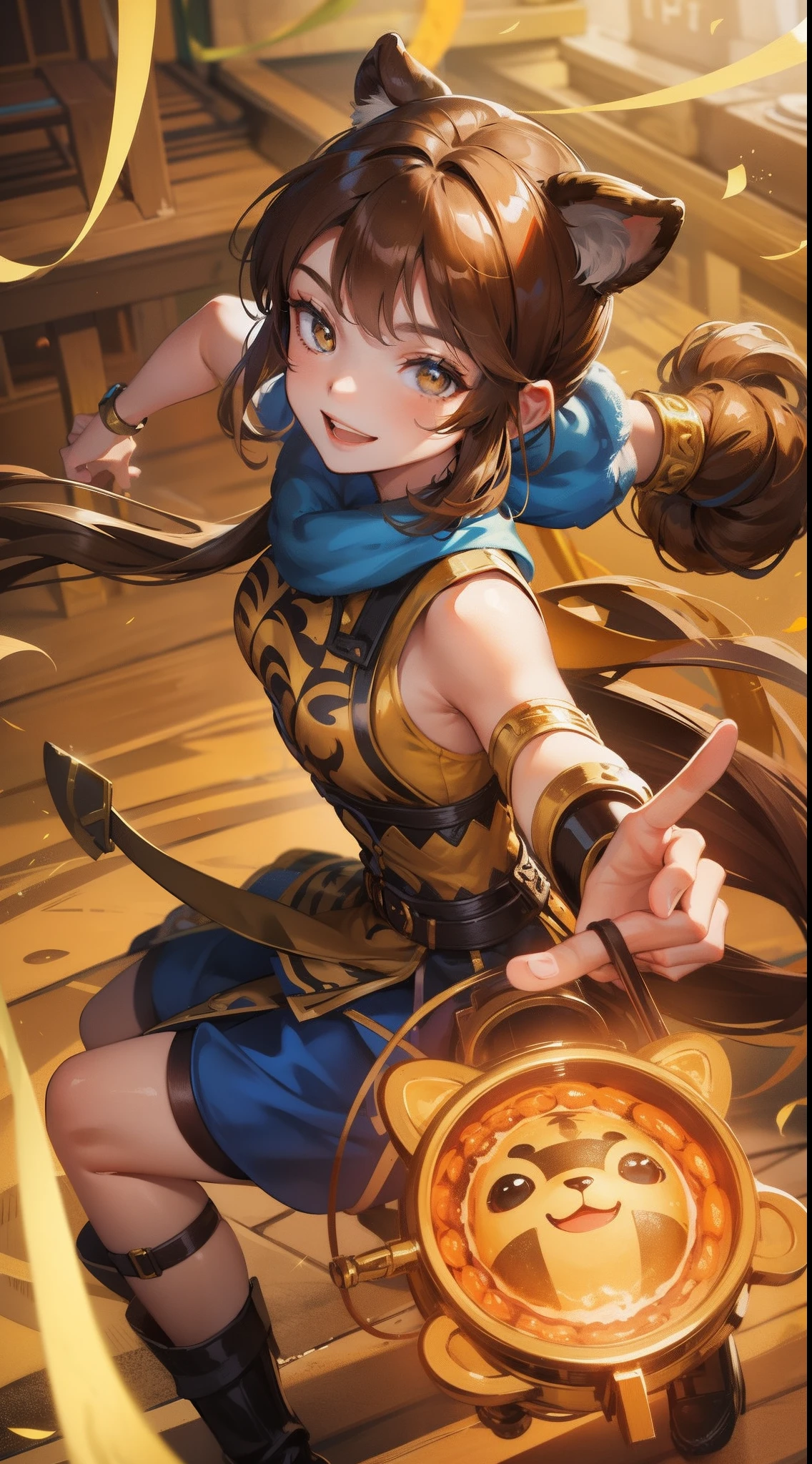 young girl, brown hair, Two buns, golden eyes, Tiger ears, Chinese yellow and blue dress, Shorts, Ironbound Bracers, Winks, Smile, Masterpiece, hiquality
