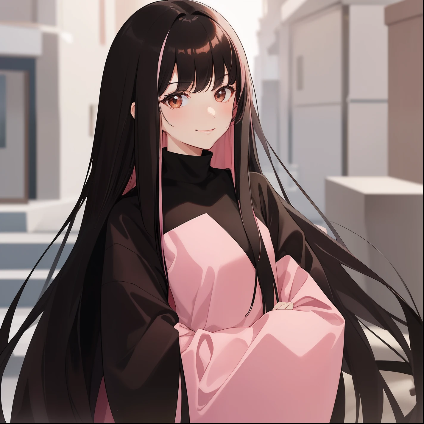 1woman, mature, long black hair with pink highlights, brown eyes, hime style bangs, black clothes, light smirk
