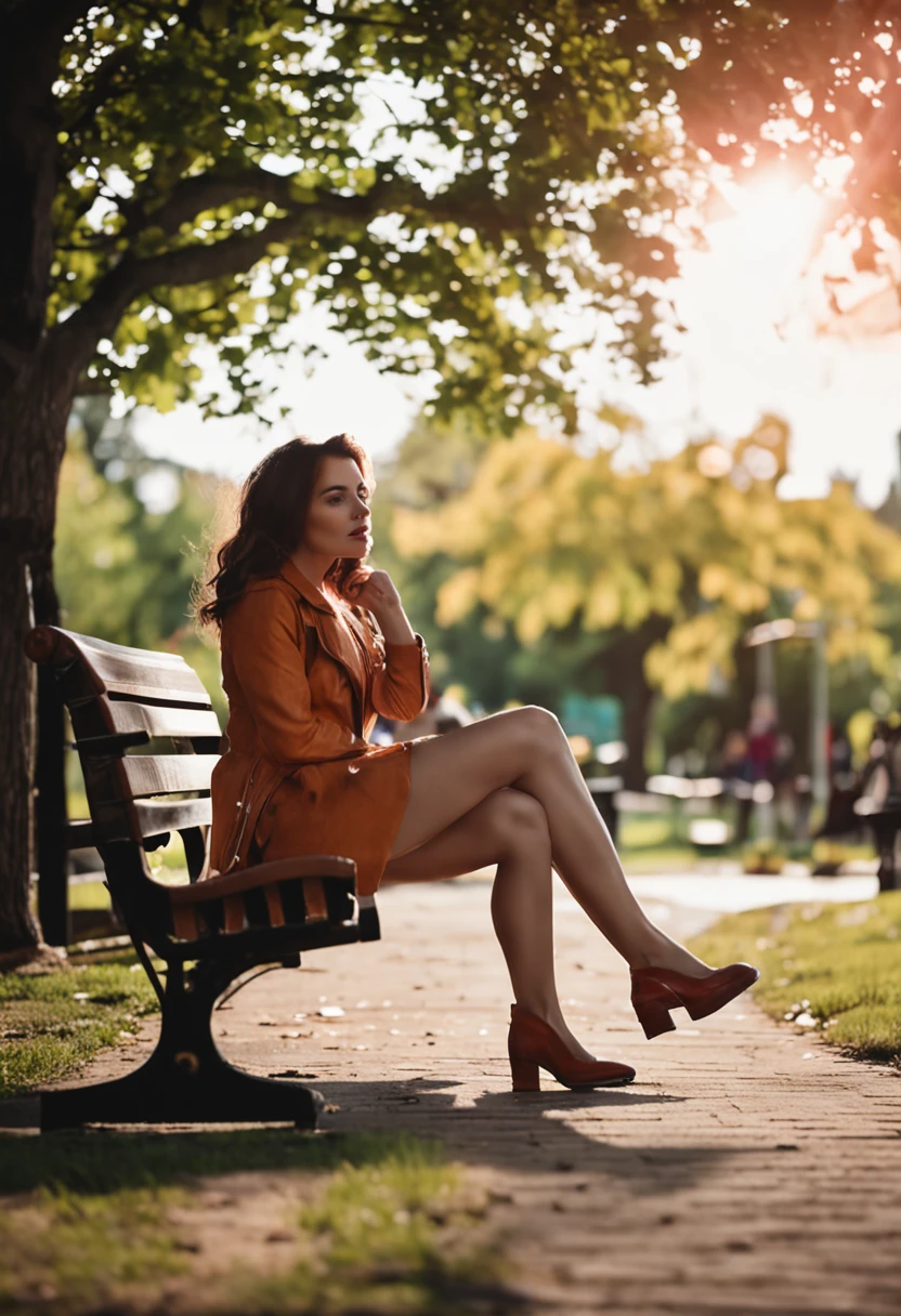 Woman brown hair in a park relaxing on the bench